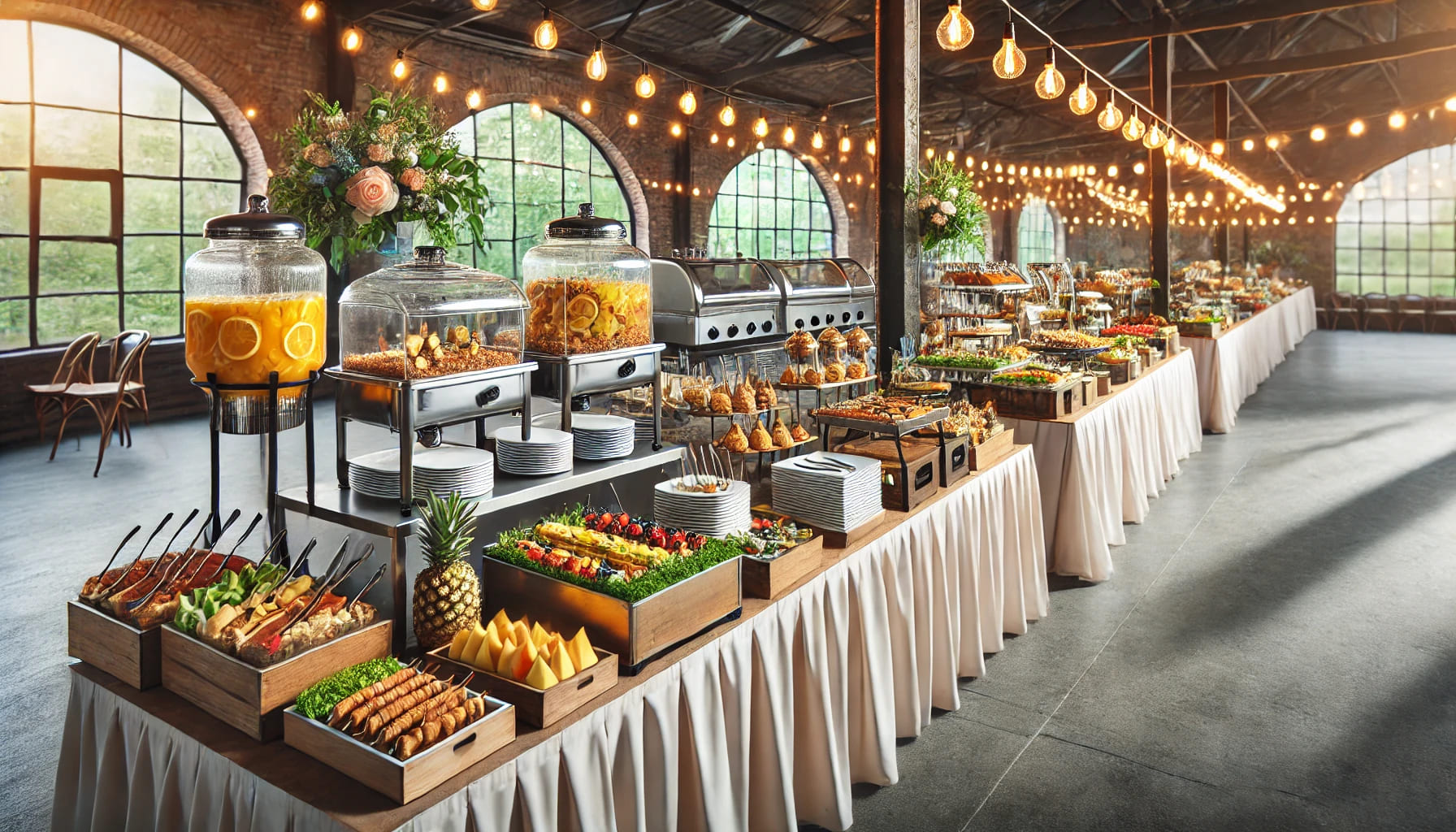 A well-organized catering setup with buffet counters, portable bars, and food presentation items at an event. The scene shows delicious food neatly ar