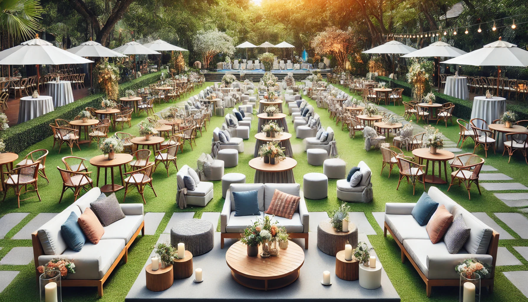 A well-organized outdoor seating arrangement for an event with various comfortable chairs, benches, and tables in a garden setting