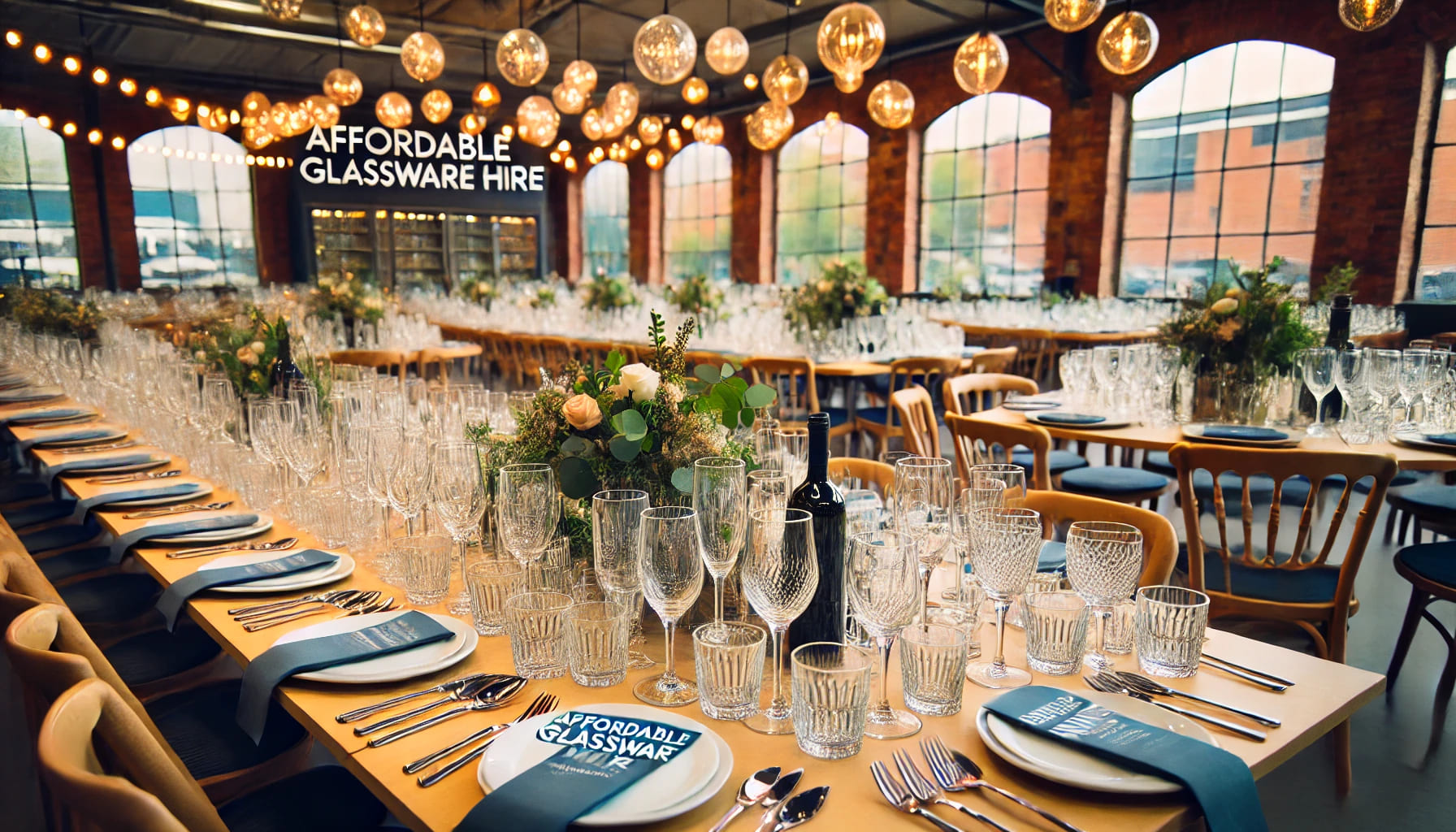 Affordable glassware hire setup for an event in Birmingham, showcasing a variety of glassware options on neatly arranged tables