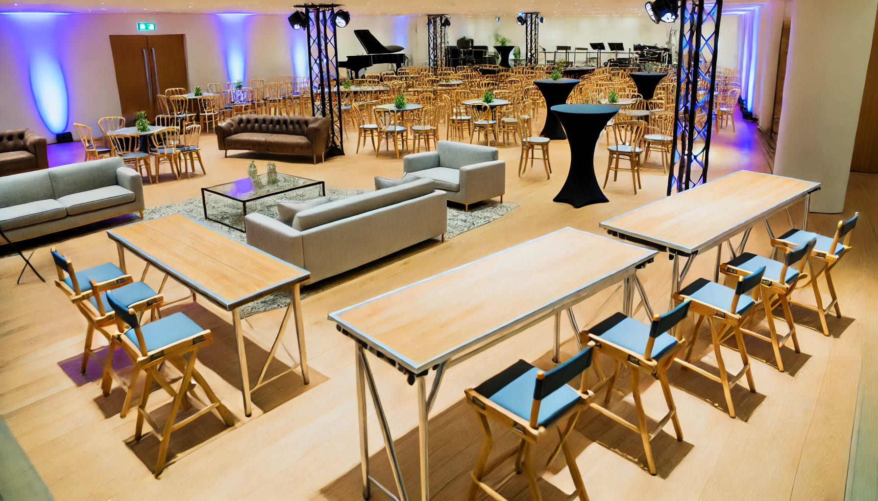 3 An elegant event space in the UK where trestle tables are matched with a variety of event furniture, including sofas, poseur tables, and stylish chair