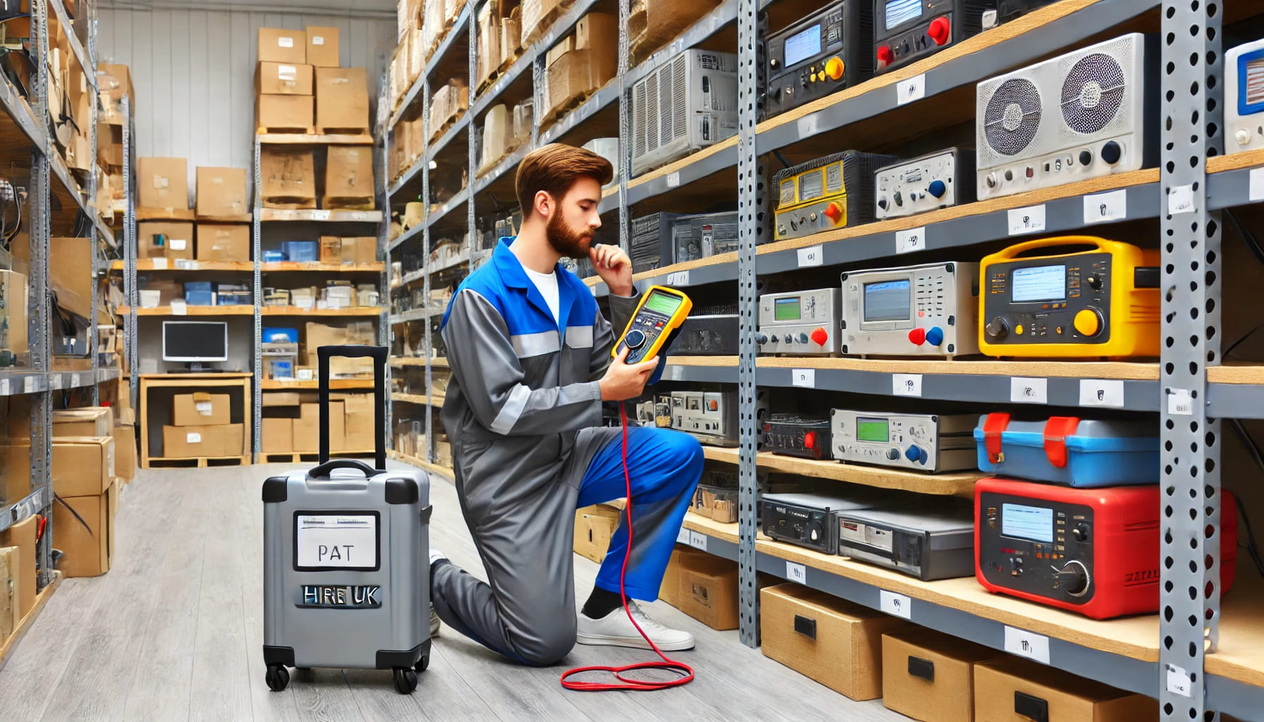 An image of a PAT testing process at Expo Hire UK. Show a technician performing PAT tests on various electrical appliances. The background should incl