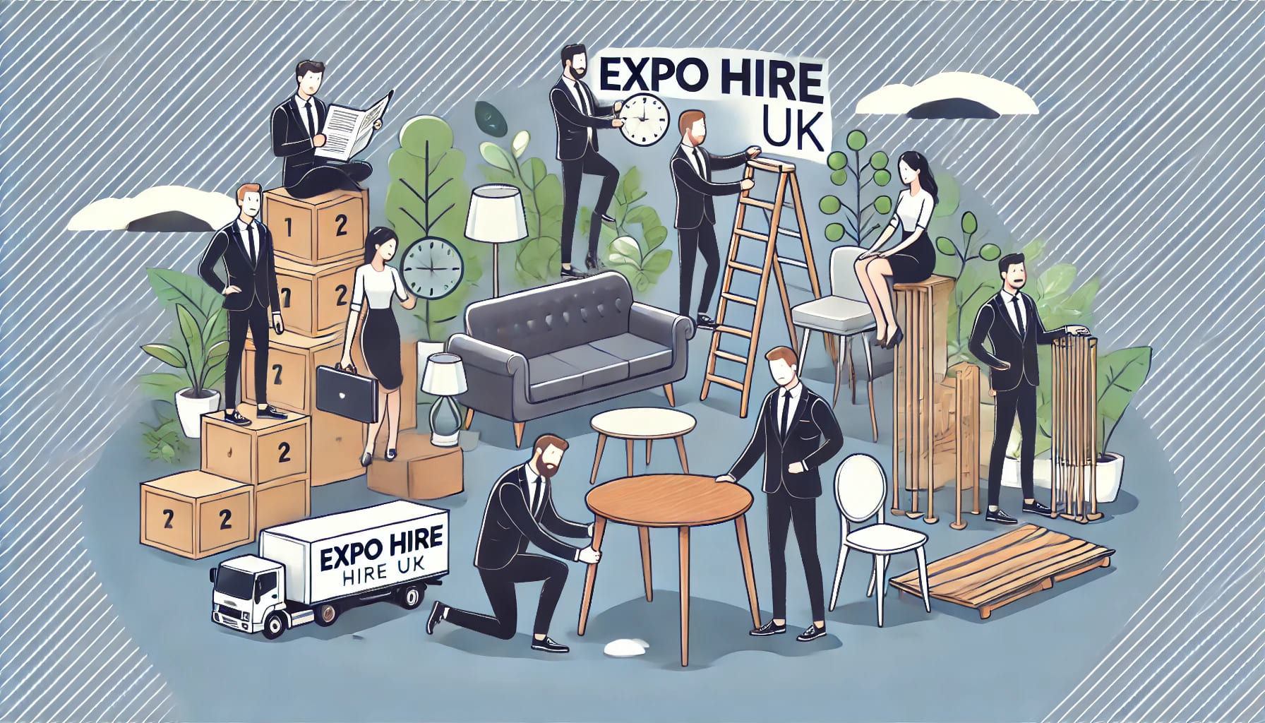 An image showcasing a team of professionals from Expo Hire UK setting up furniture at an event venue, illustrating their expertise and commitment to c