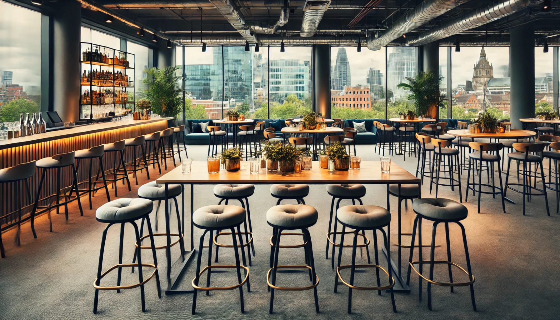 An informal corporate event setup in Manchester featuring high tables and stools. The setting includes a mix of casual seating with bar stools and pos