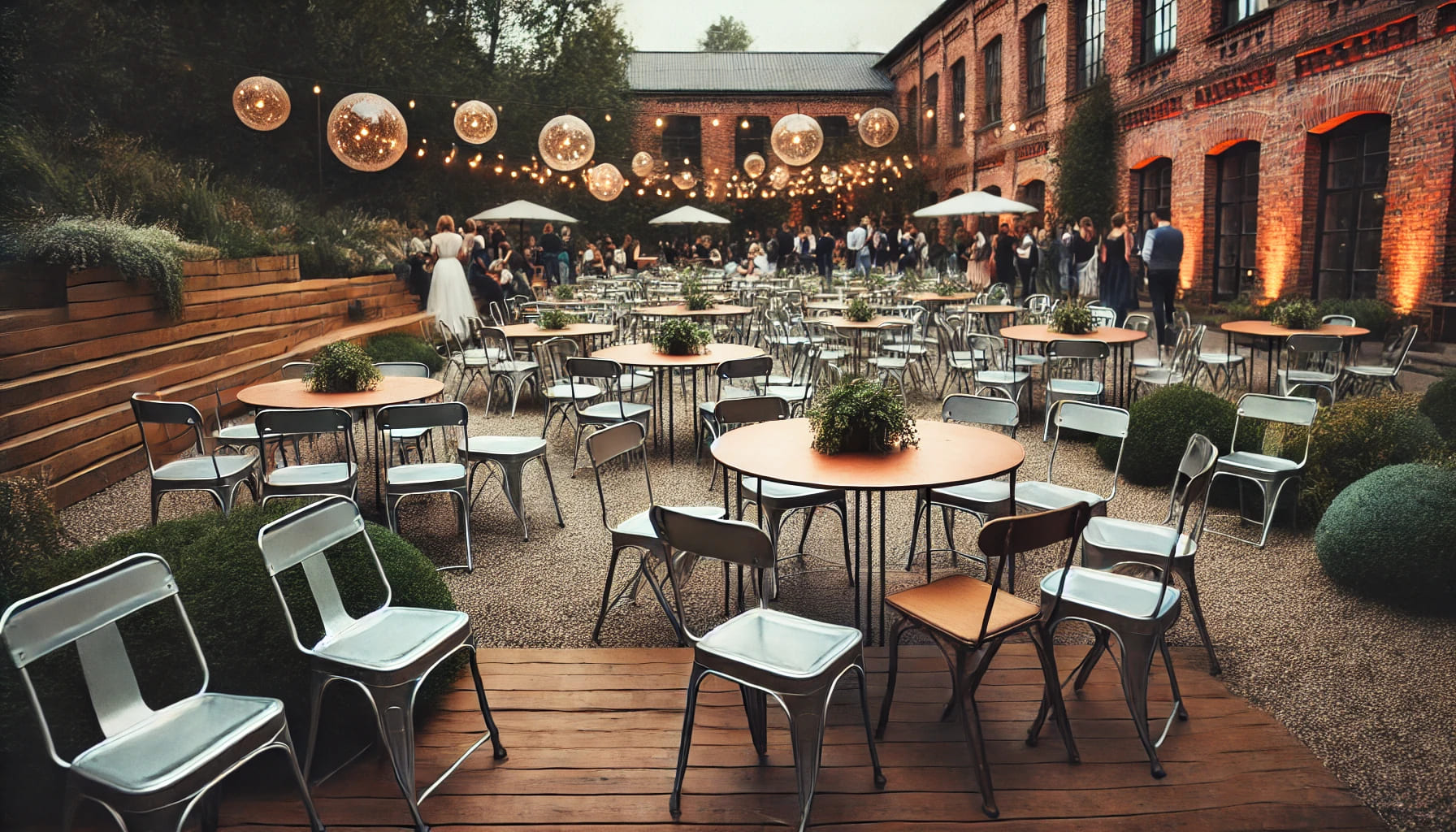 An outdoor event with Tolix chairs and tables, showing the versatility and weatherproof qualities of the furniture