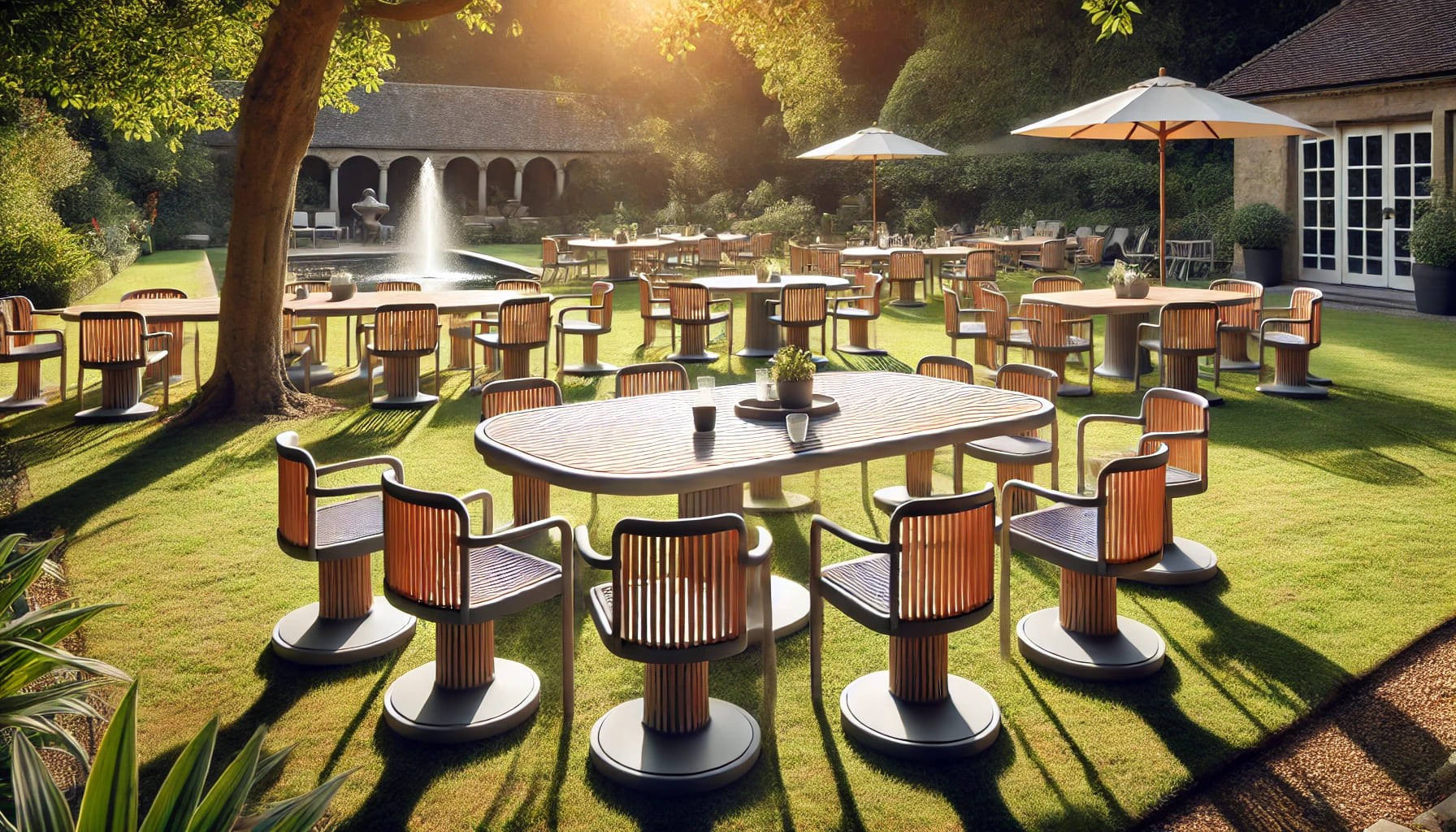 Durable outdoor furniture setup for an event, showcasing sturdy tables and chairs. The scene is set in a sunny garden, demonstrating the resilience an