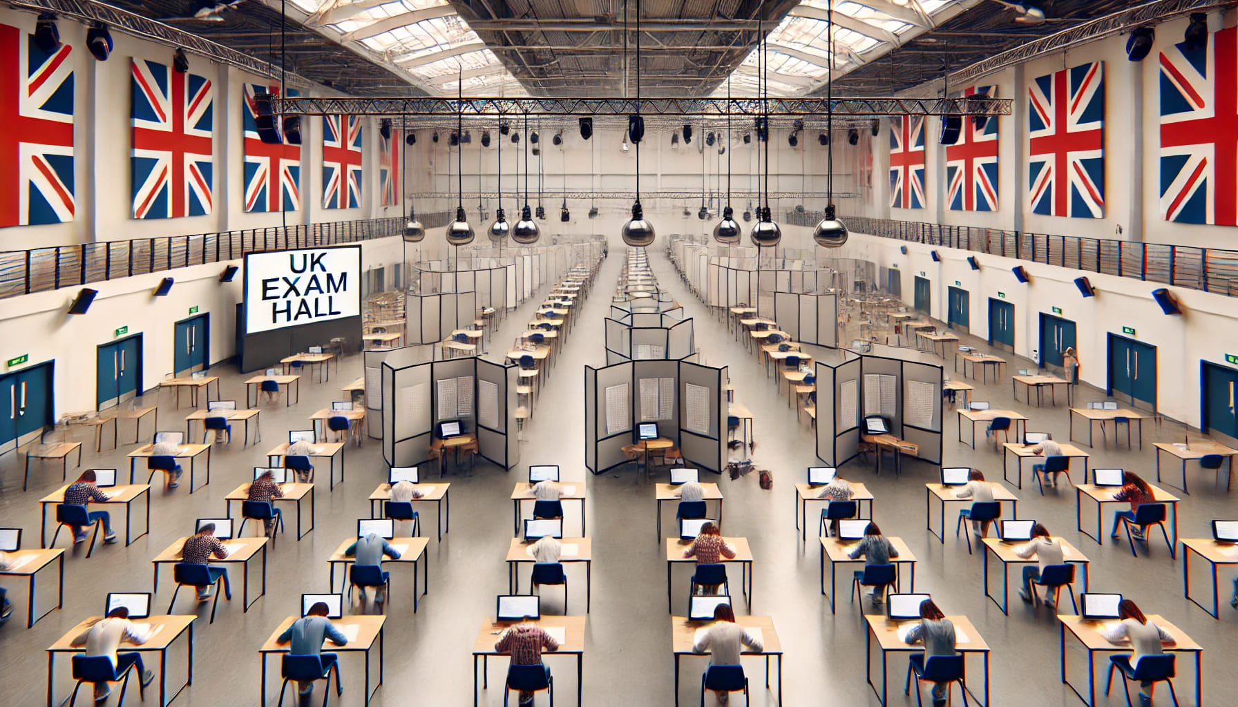 A UK exam hall setup with additional elements like freestanding screens and barriers, creating a well-organised and practical environment for exams. T