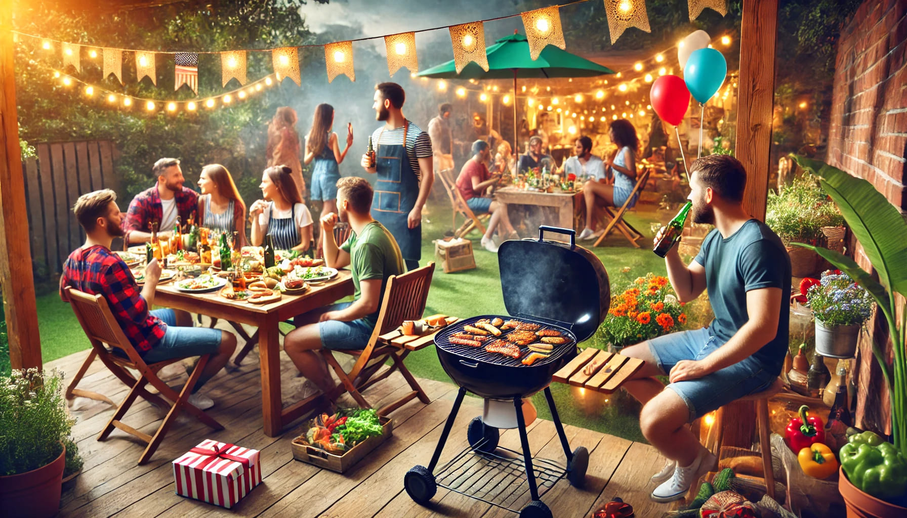 A backyard BBQ party with friends and family, a grill full of food, and people enjoying themselves. The scene includes tables, chairs, and a festive a