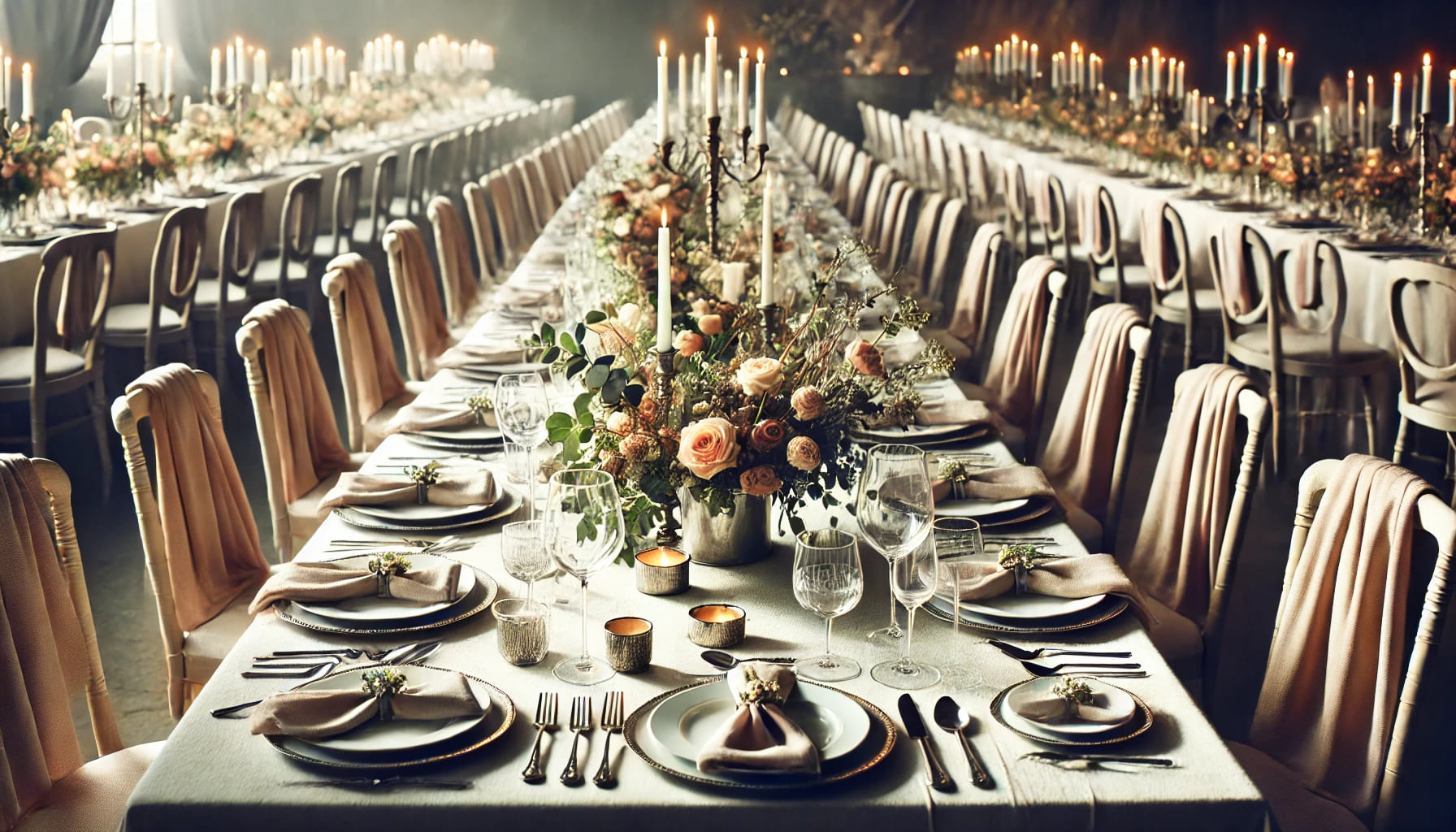 A beautifully arranged dining experience showcasing a perfect table setting created with Expo Hire's linens. The image features a banquet table set