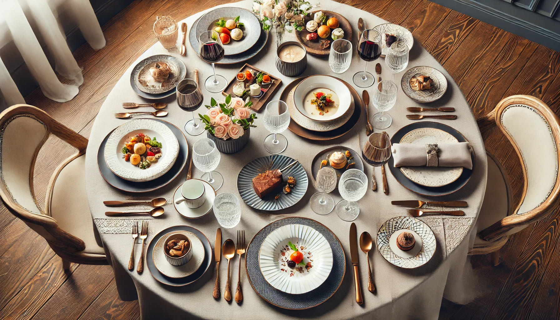 A beautifully arranged dining table set for multiple courses, including a starter, main course, and dessert. The table features different plates and b