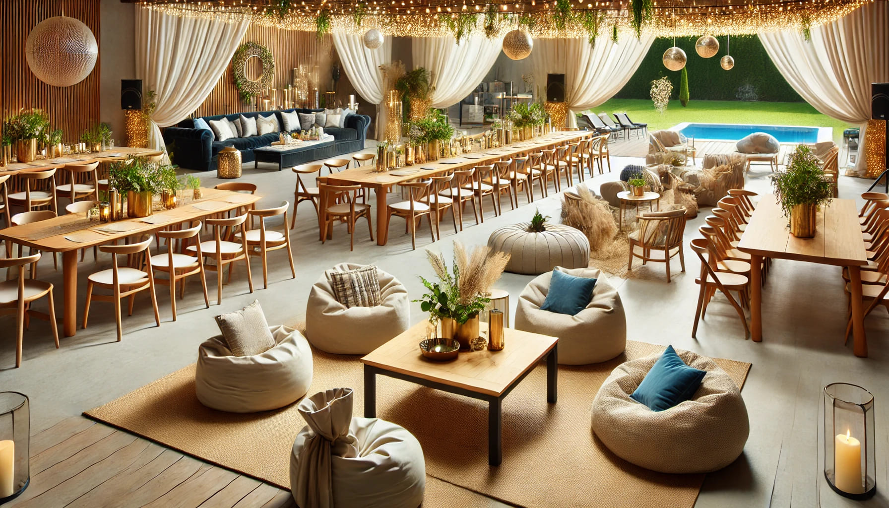 A beautifully arranged party venue with various types of furniture including tables, chairs, sofas, and bean bags. The setting is inviting and ready f