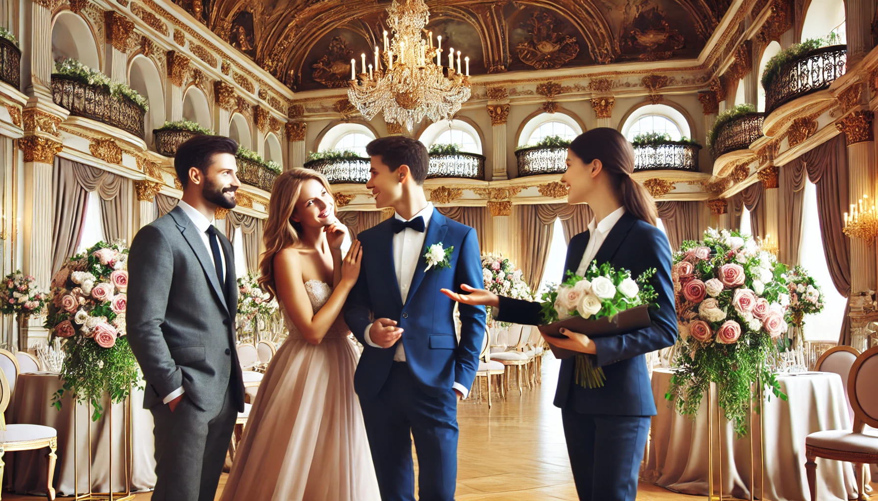 A couple visiting a grand wedding venue, looking around and discussing with a venue coordinator