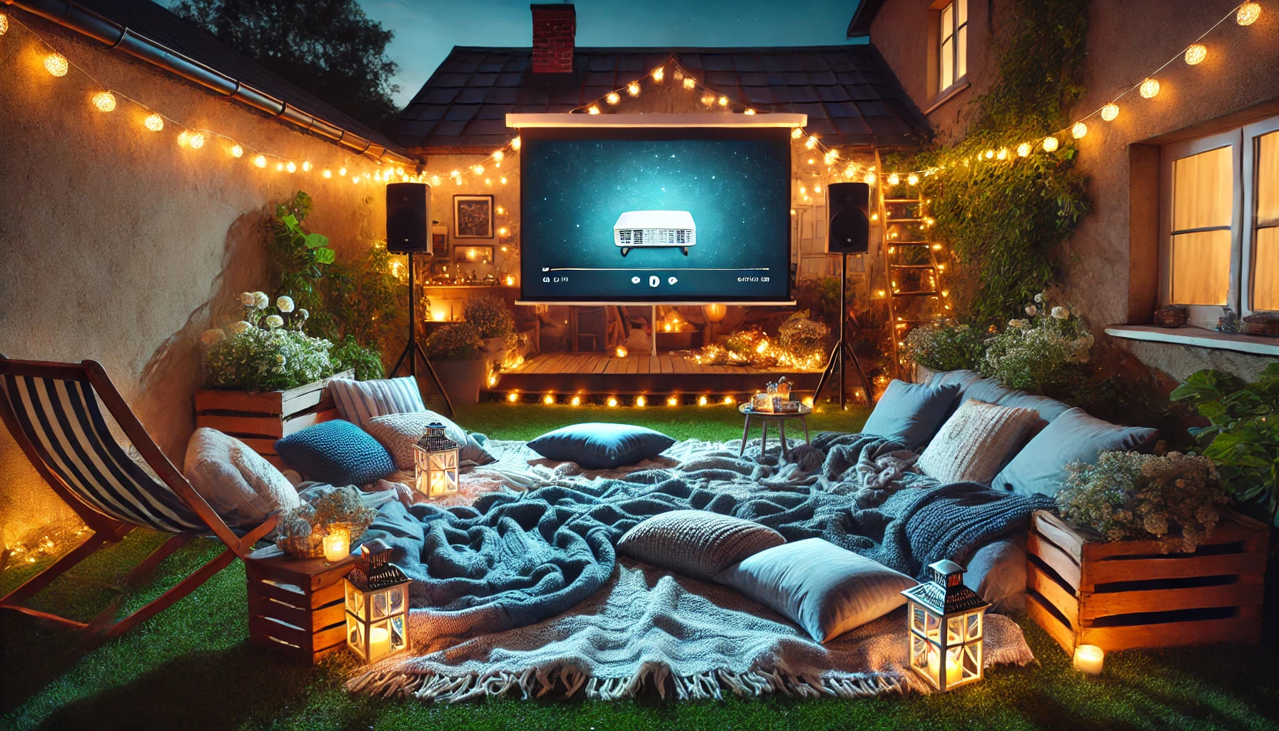 A cozy backyard movie night setup with a large projector screen, blankets, pillows, and fairy lights creating a magical outdoor cinema experience