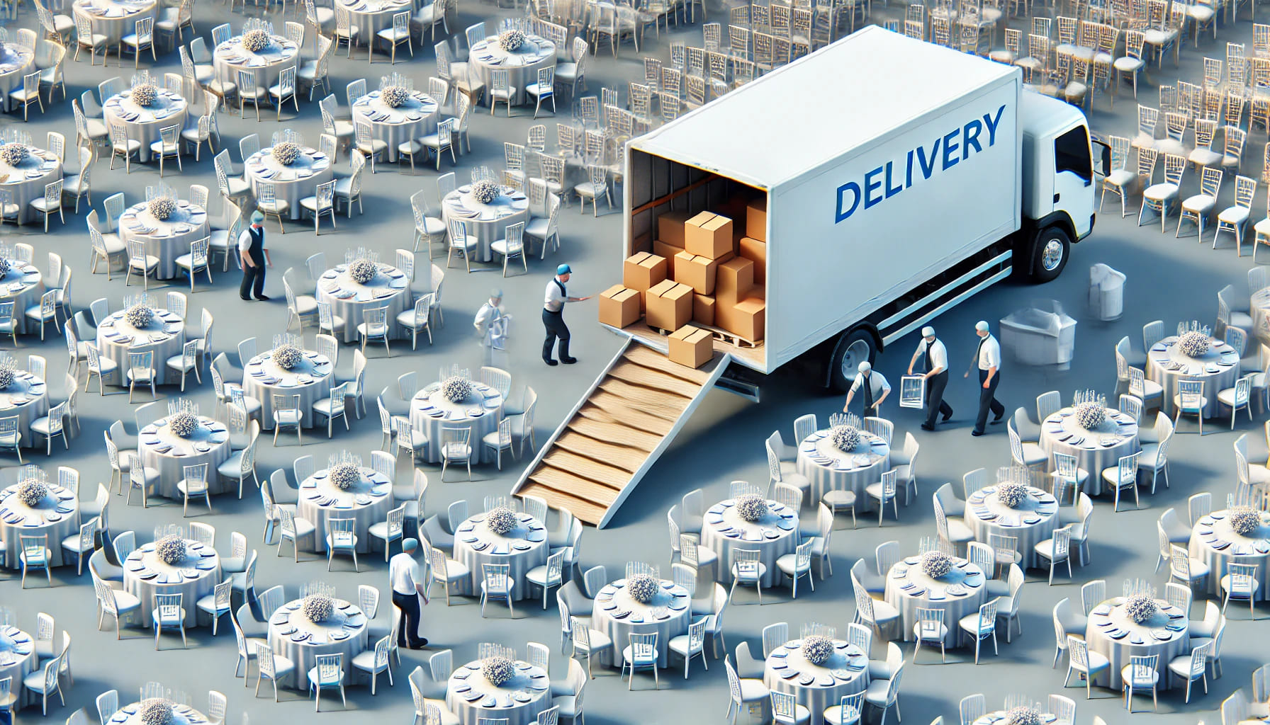 A delivery truck parked at an event venue, with workers unloading furniture. The scene should show tables and chairs being carefully moved from the tr