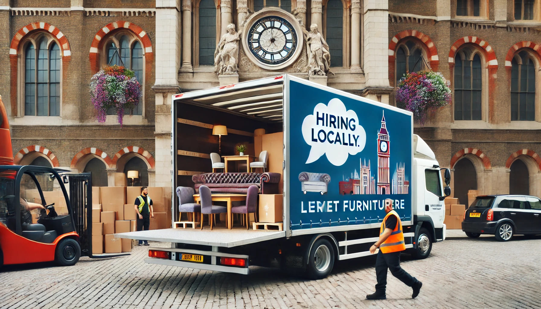 A delivery truck unloading event furniture at a London venue, showcasing the benefits of hiring locally for events