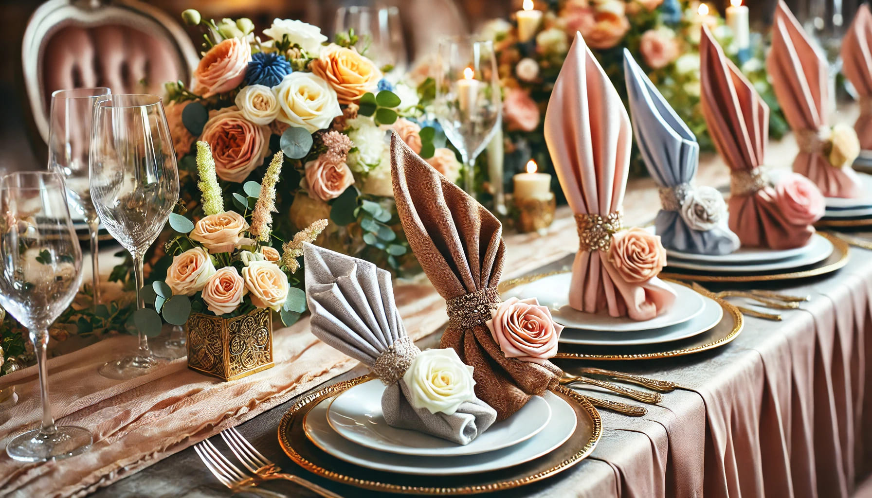 A detailed image of a wedding table with beautifully folded napkins in various styles. The napkins are presented in different colours and textures, ma