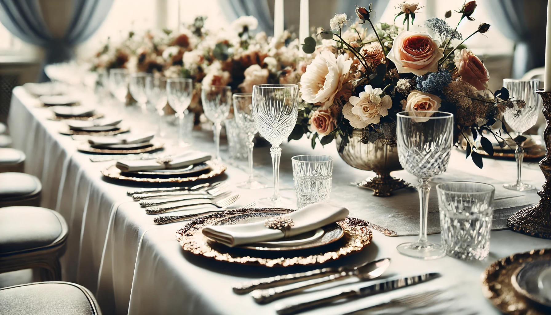 A detailed view of a wedding table setup with exquisite decor, including fine china, polished cutlery, and crystal glassware. The table is adorned with