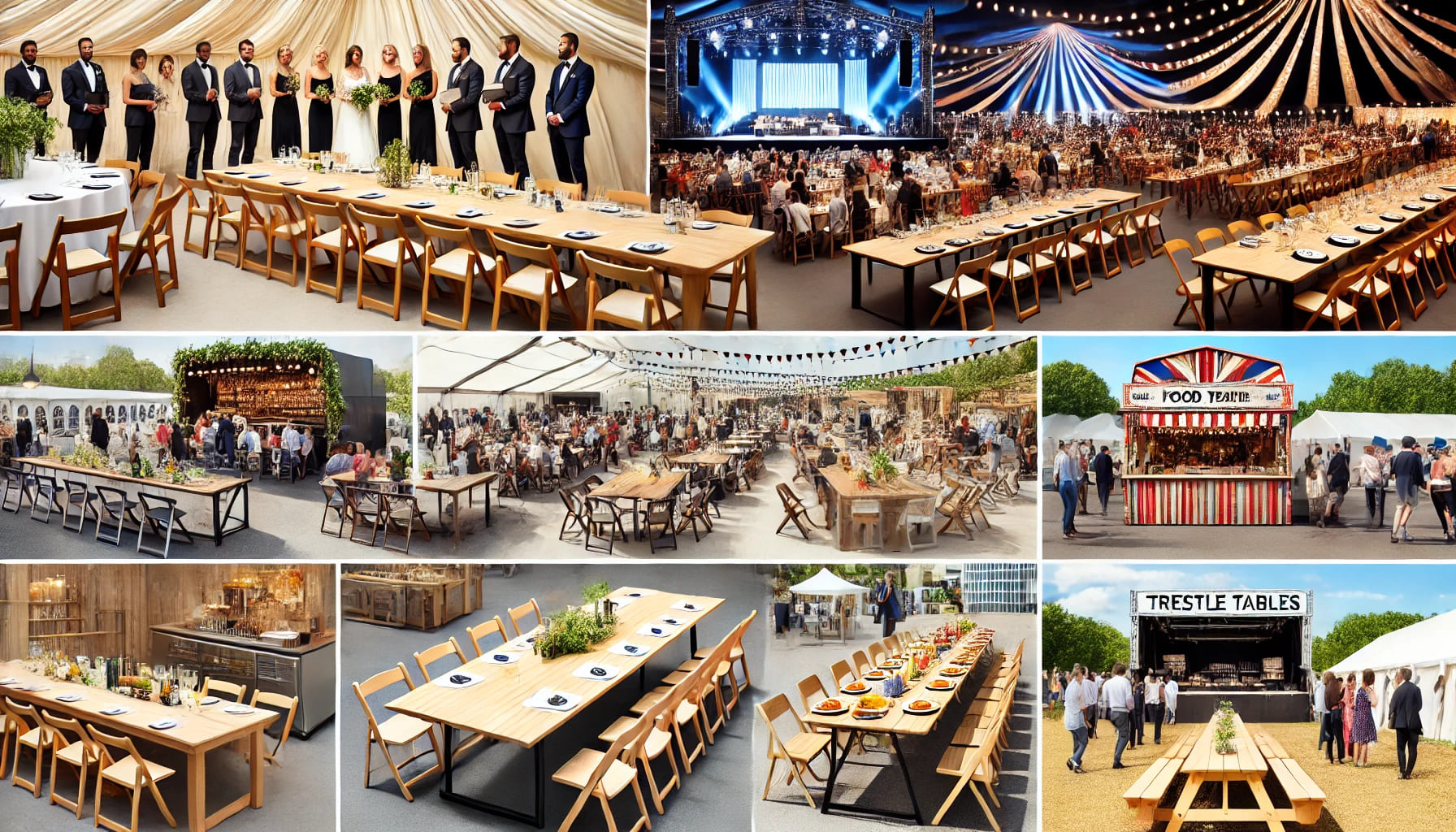 4 A diverse event setup in the UK featuring trestle tables arranged for various event types. The image includes a wedding table, a corporate meeting set