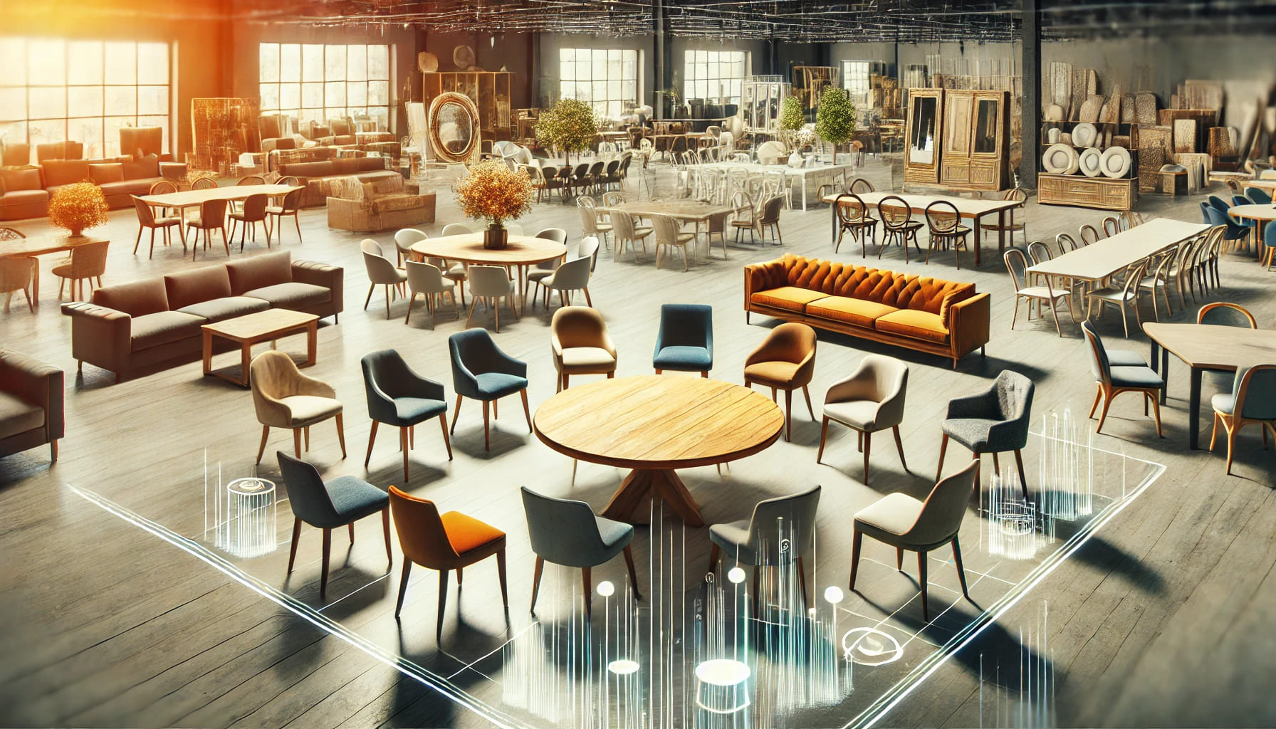 4 A diverse selection of rental furniture displayed in a showroom, including various styles of chairs, tables, and sofas. The image emphasizes the wide