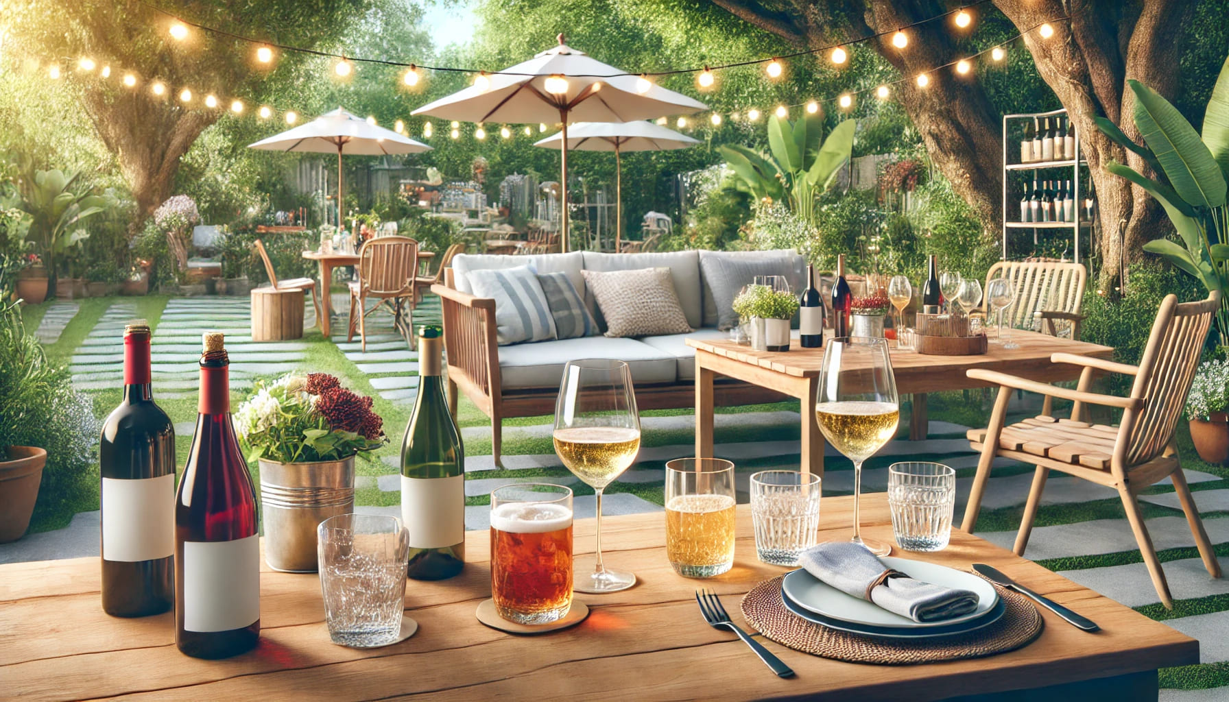 A garden party setup with outdoor furniture and a variety of glasses including wine, beer, and tumblers on the tables. The setting should be casual an