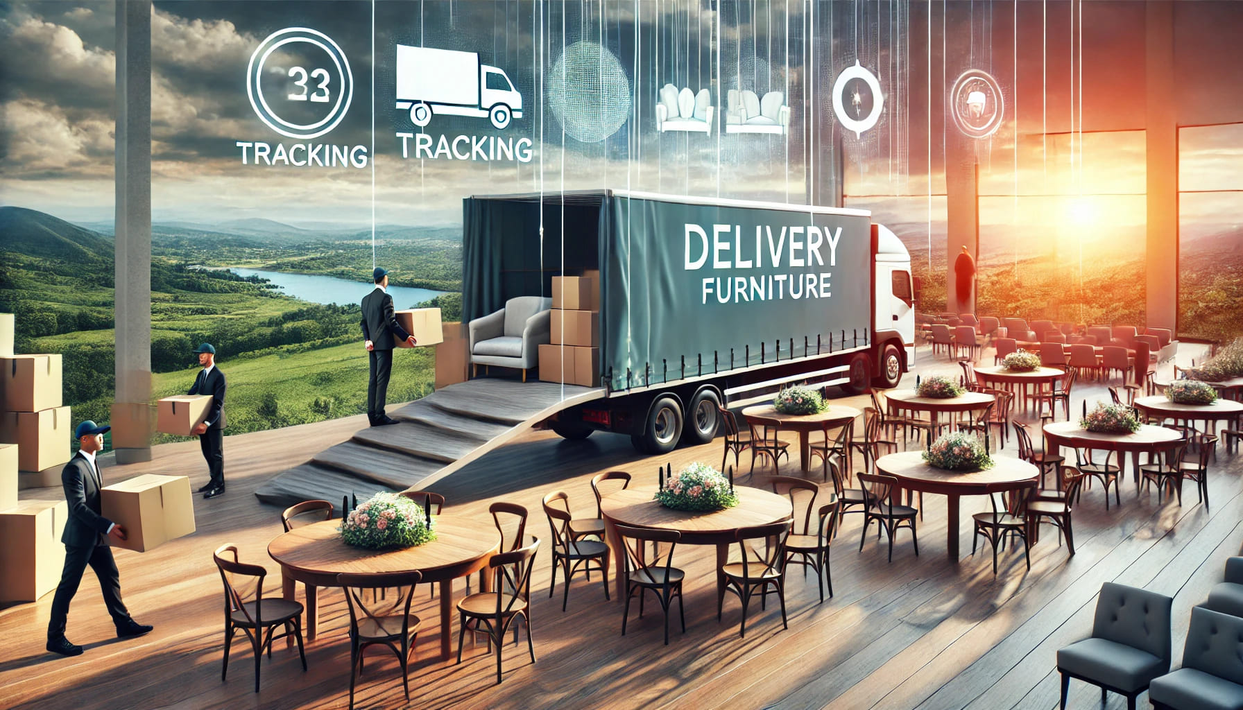 A landscape image showing a professional delivery team handling event furniture, such as tables and chairs, with care. The scene includes a delivery t