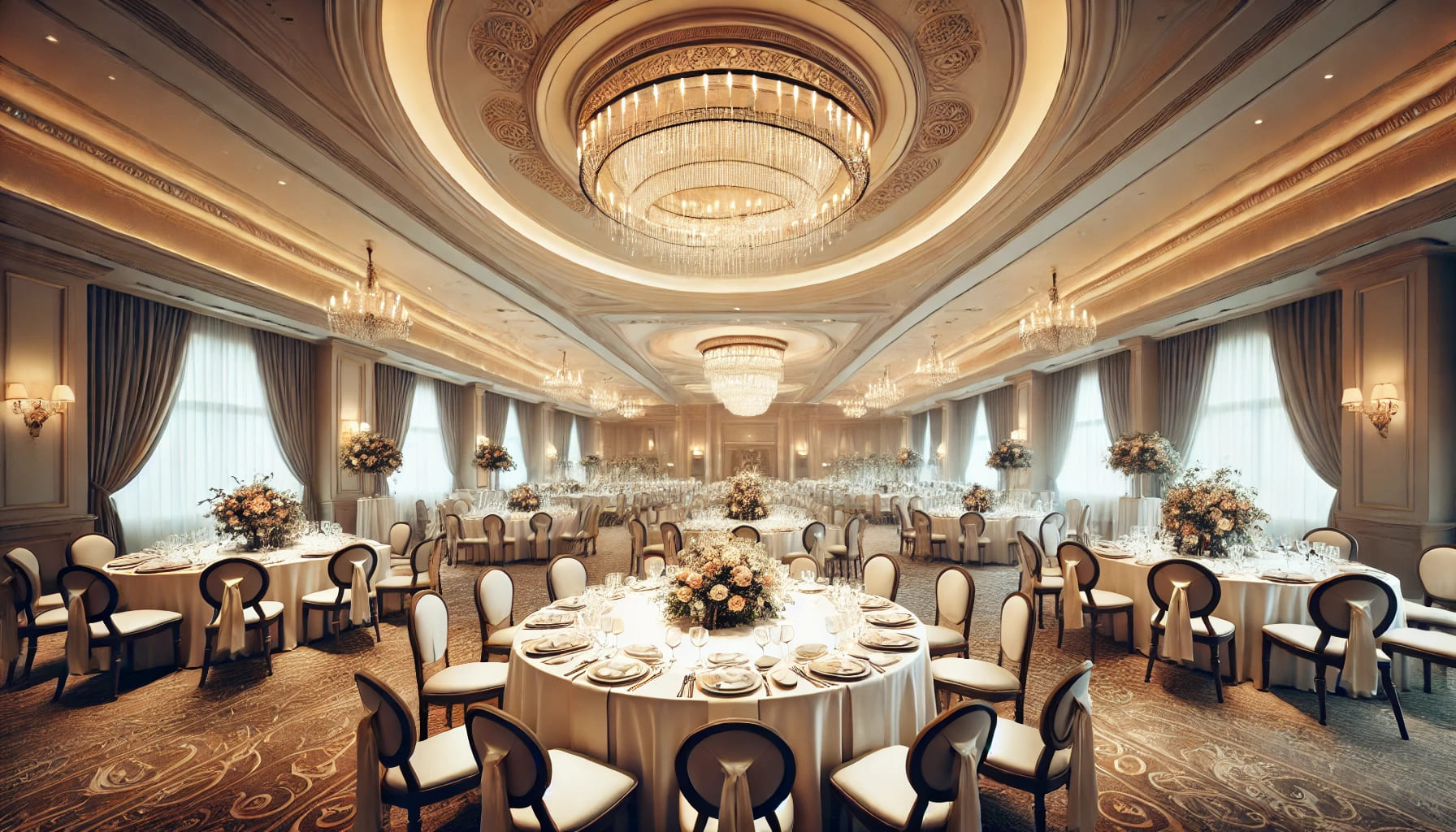 A large banqueting hall with round banqueting tables set up for a formal dinner. The tables are adorned with white tablecloths, elegant place settings