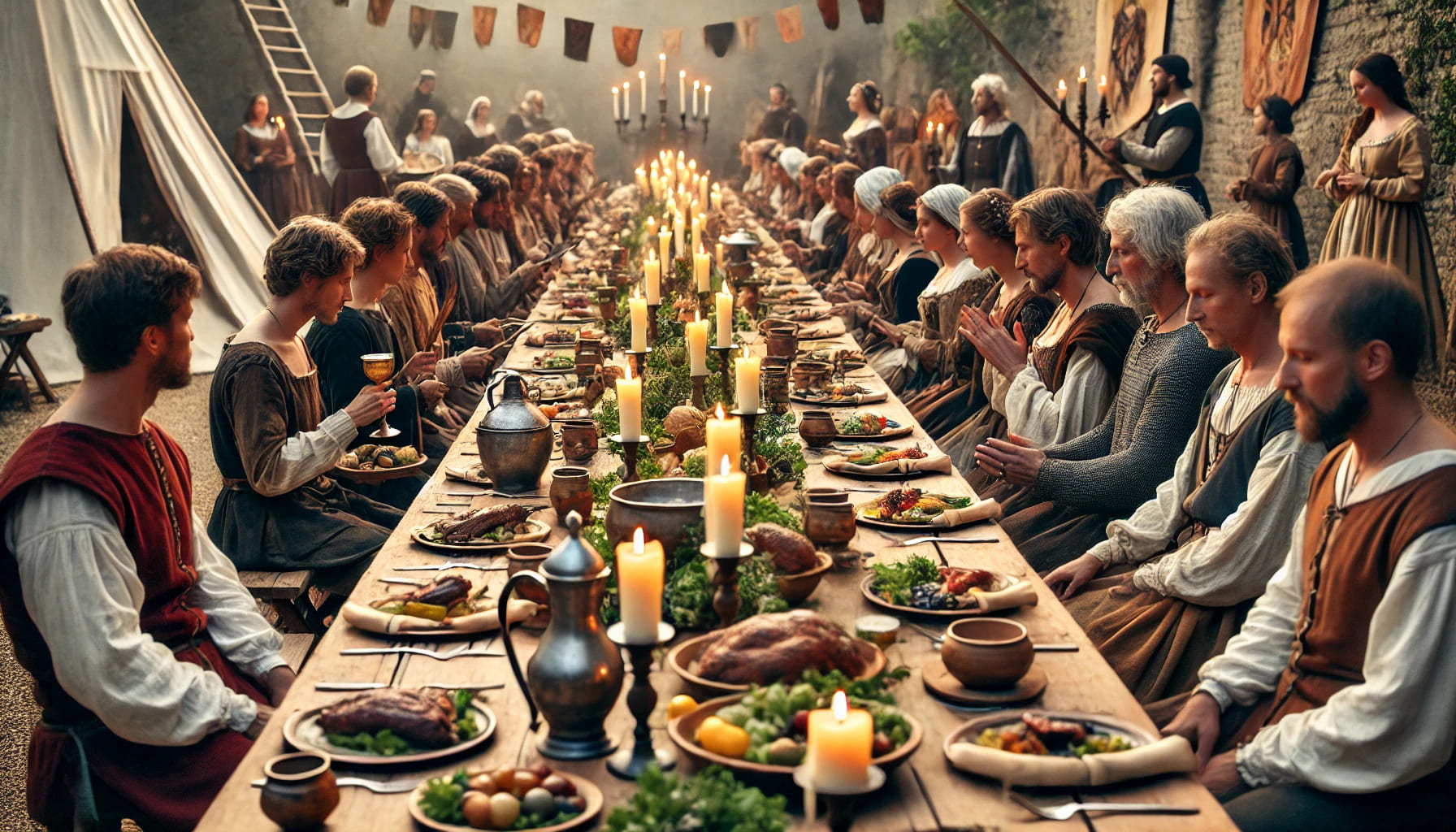 A mediaeval feast with long tables filled with hearty dishes, wooden tableware, candles, and guests dressed in period costumes