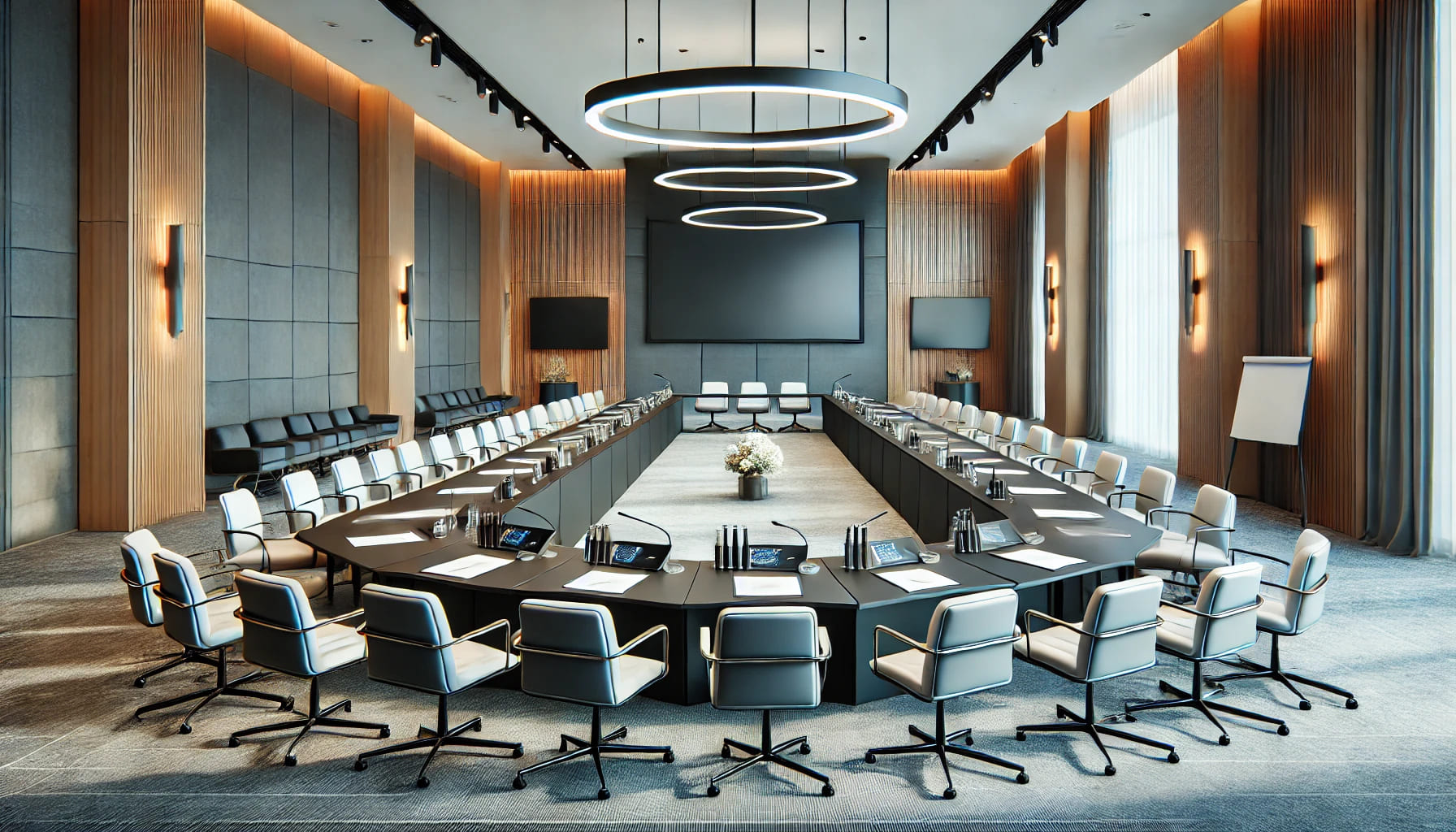 A modern conference room set up for a meeting with tables, chairs, and audio-visual equipment. No text