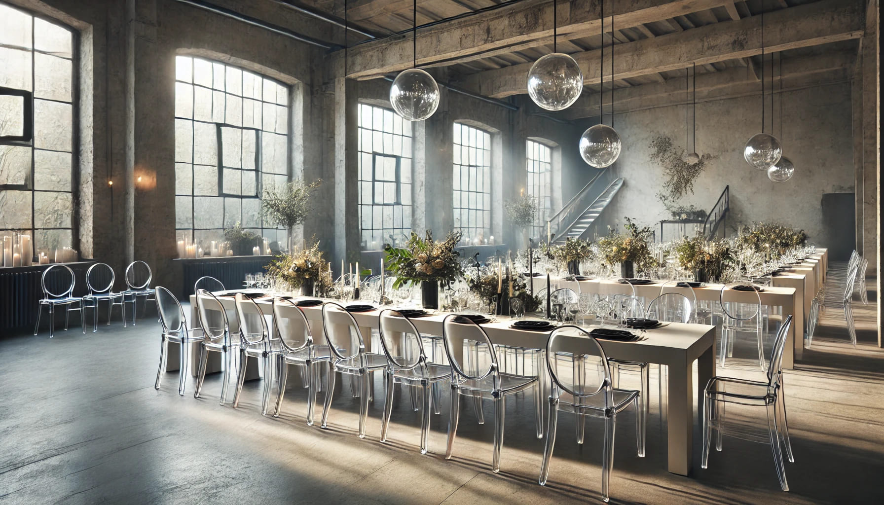 A modern wedding setup with ghost chairs and sleek tables, minimalist decor, set in an urban loft venue with large windows and industrial elements