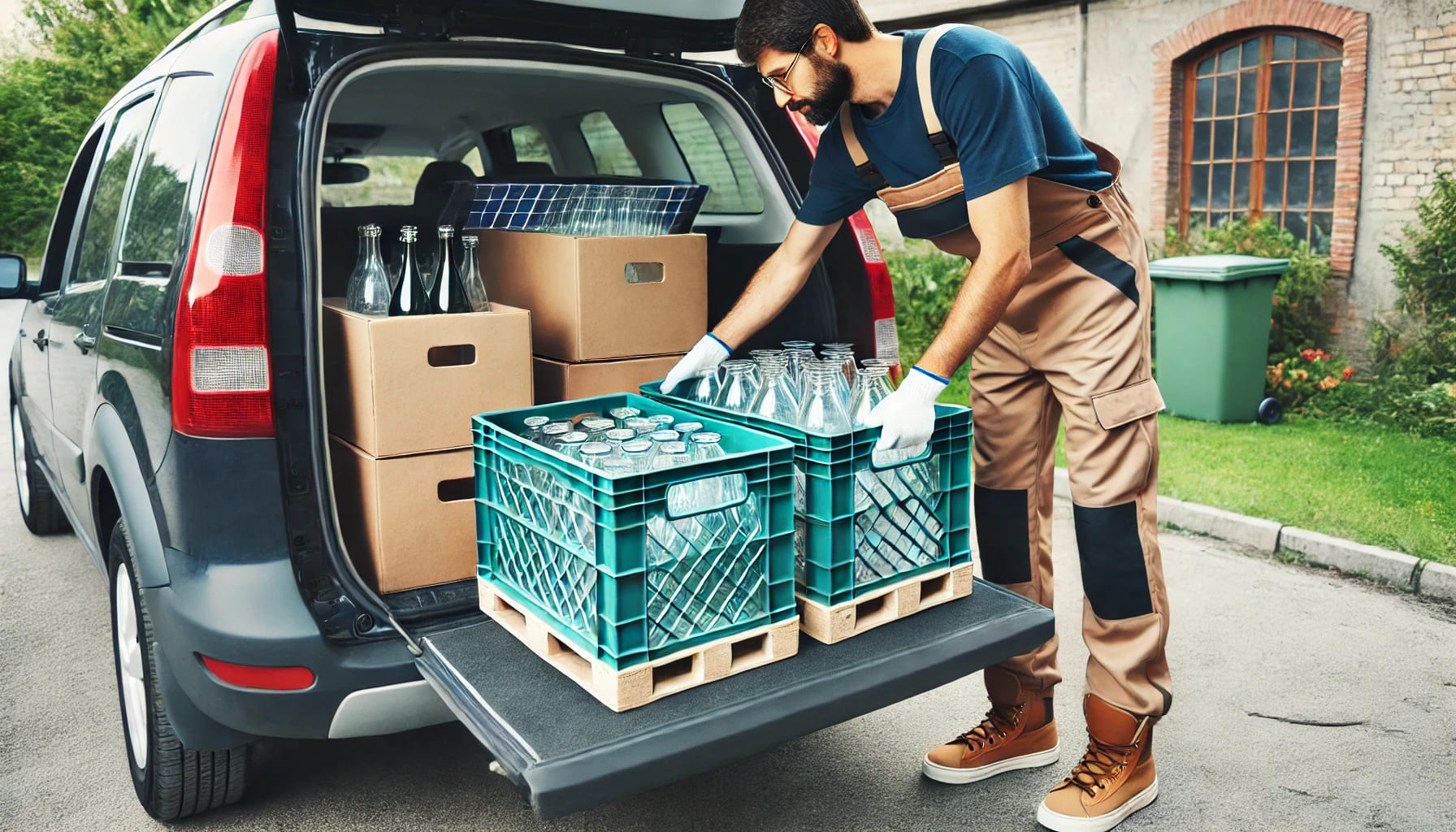 A person loading protective crates of glassware into the boot of a car, ready for transport