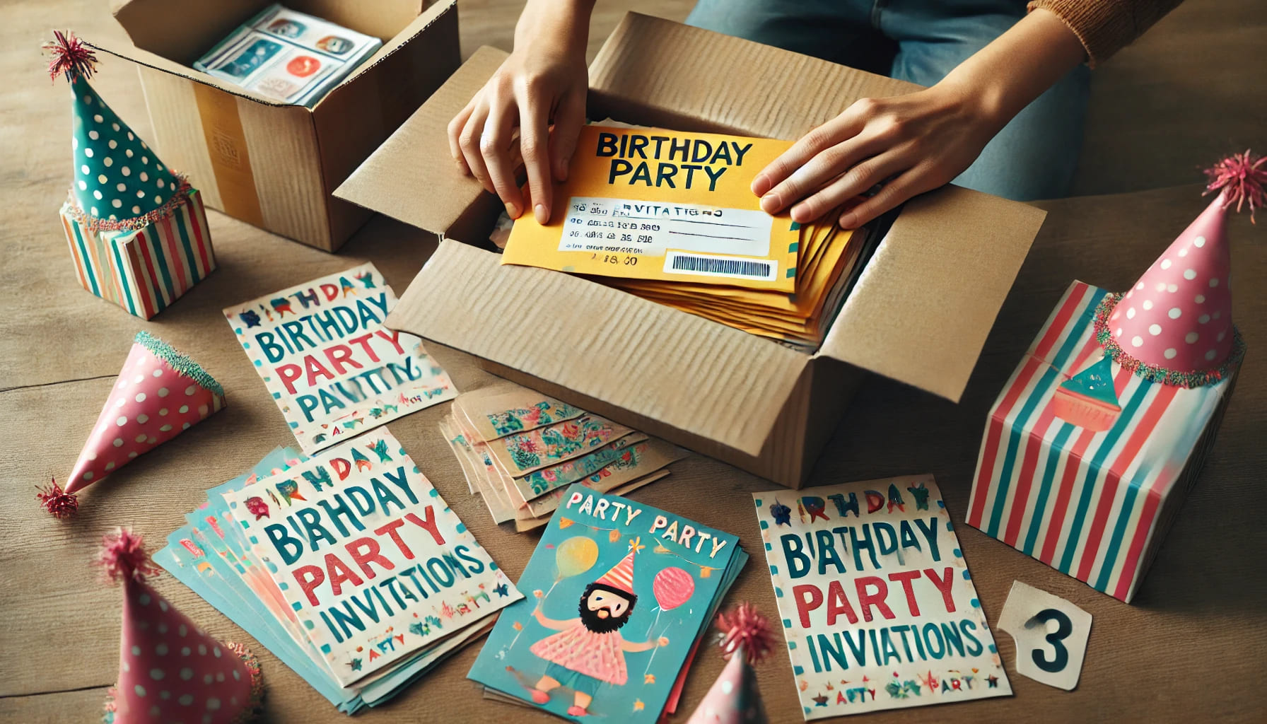 A person sending out birthday party invitations with a stack of envelopes and party-themed invitation cards