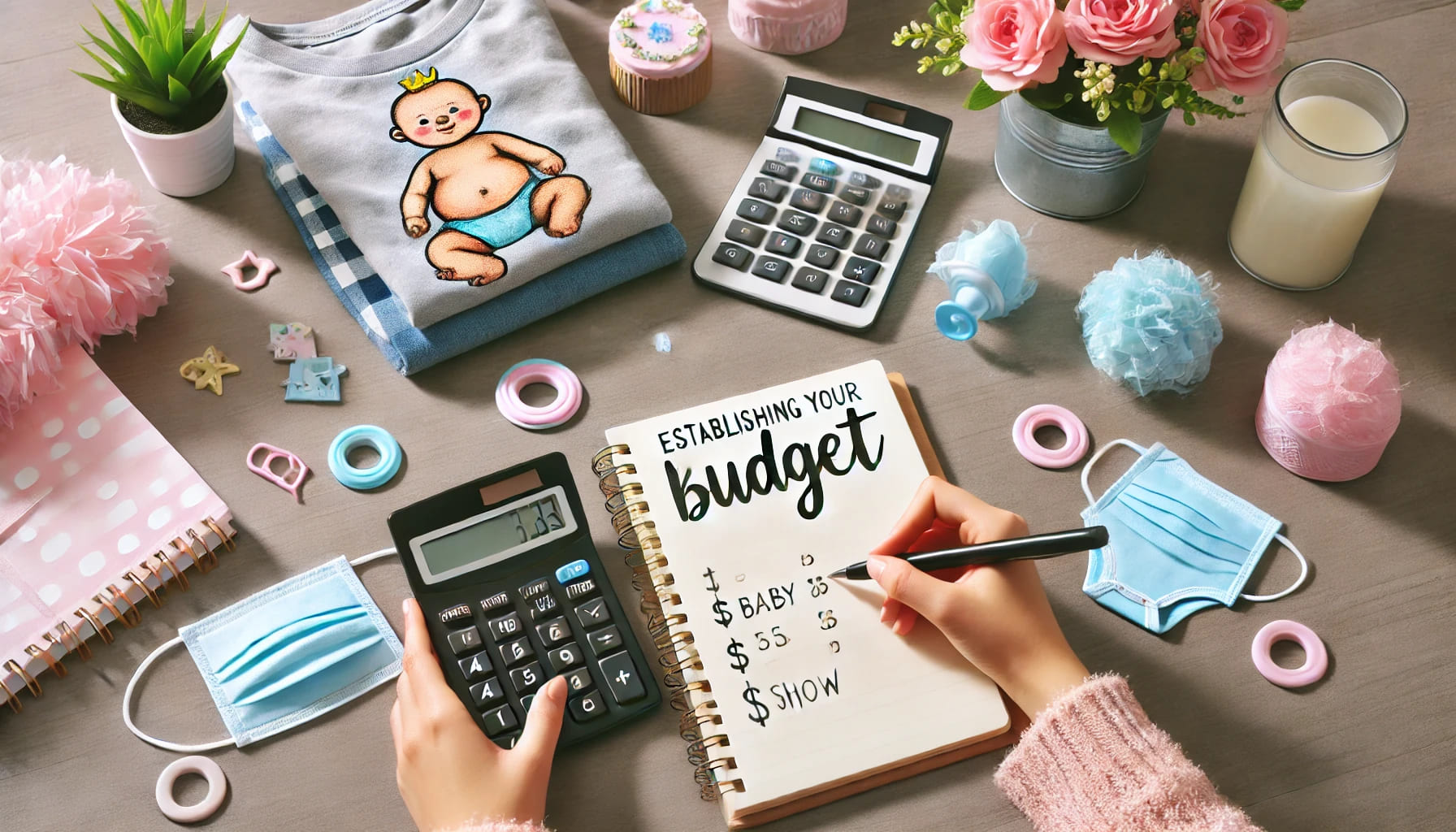 A person sitting at a table with a calculator, notebook, and baby shower decorations, symbolizing establishing a budget for your baby shower