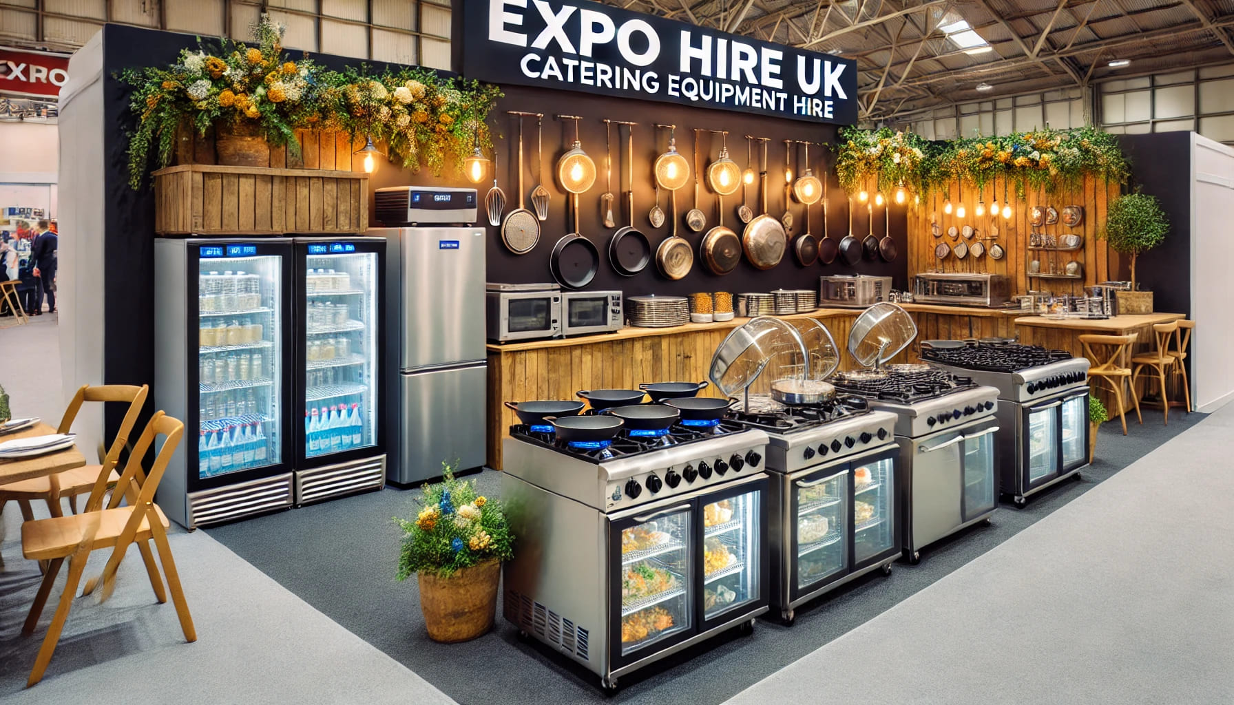 A professional catering setup with cooking equipment, fridges, and serving stations, demonstrating Expo Hire UK's catering equipment hire