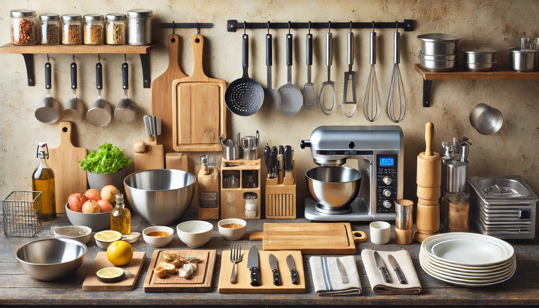 A professional kitchen setup with essential catering equipment such as chopping boards, knives, mixing bowls, and utensils ready for use