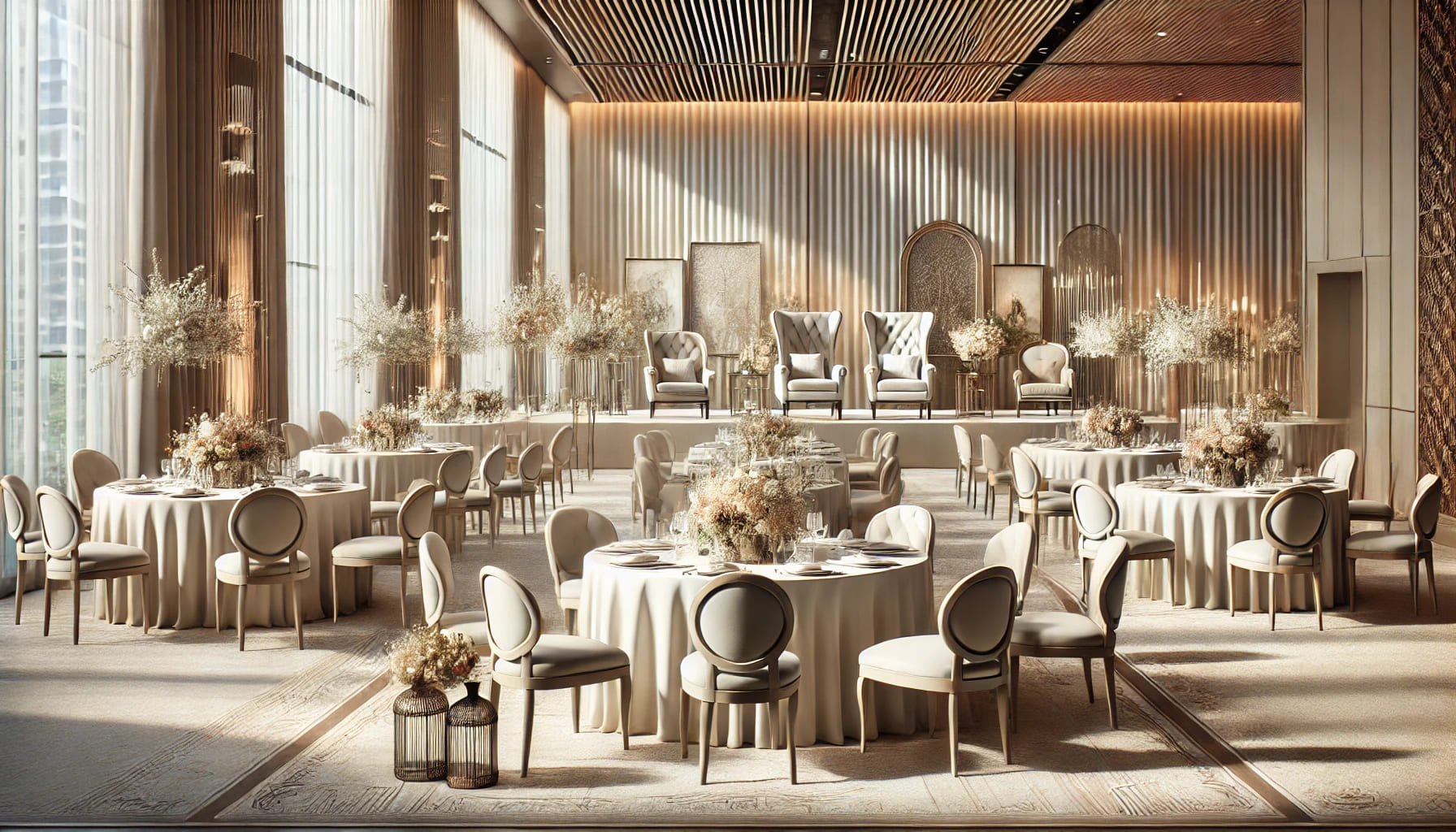 Rrealistic image depicting a beautifully arranged event space with carefully selected furniture, including elegant chairs, tables, and decorative