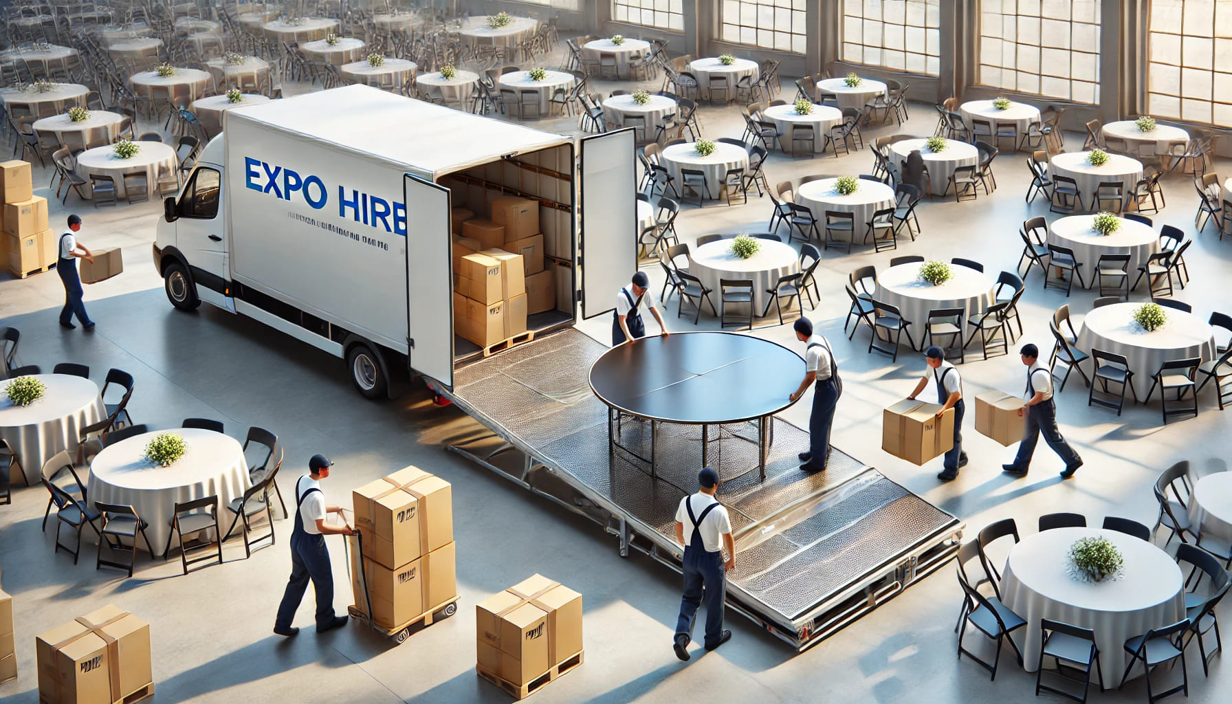 A realistic image depicting the delivery and setup of round tables at an event venue. The image shows delivery staff from Expo Hire carefully unloadin