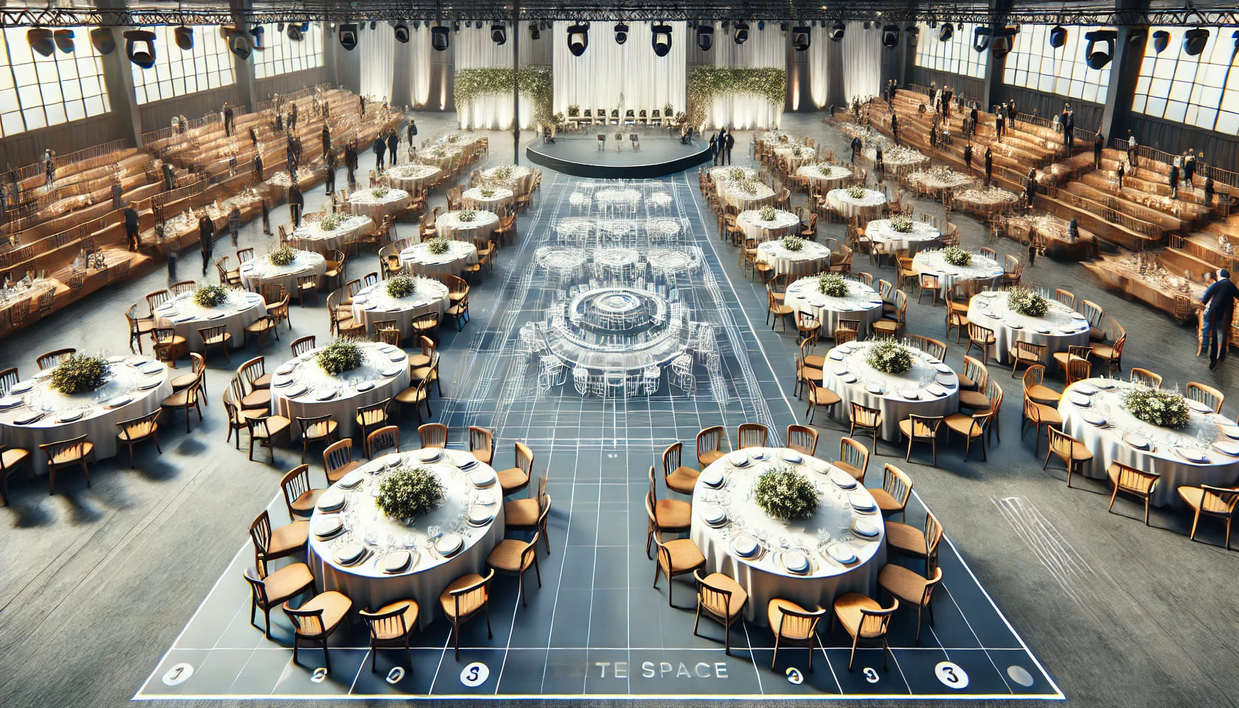 A realistic image illustrating a well-thought-out table layout in a large event space. The layout should optimize space with round and trestle tables