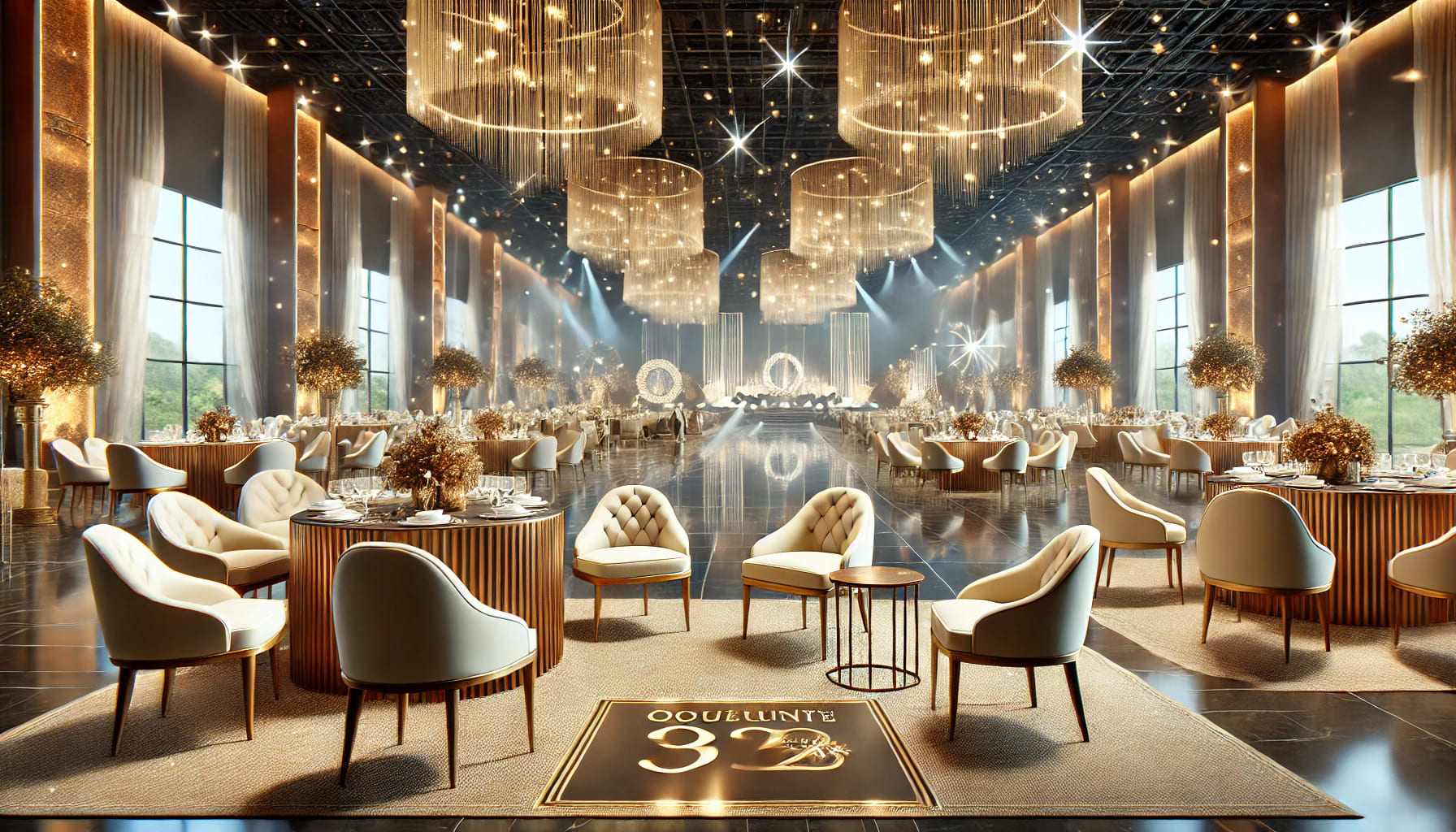 A realistic image in landscape orientation showing a well-designed event space with high-quality furniture. The setting includes luxurious chairs, ele