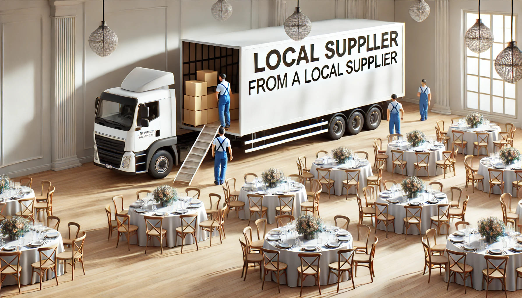 A realistic image of a delivery truck from a local supplier arriving at an event venue, with workers unloading tables and chairs. The image should cap