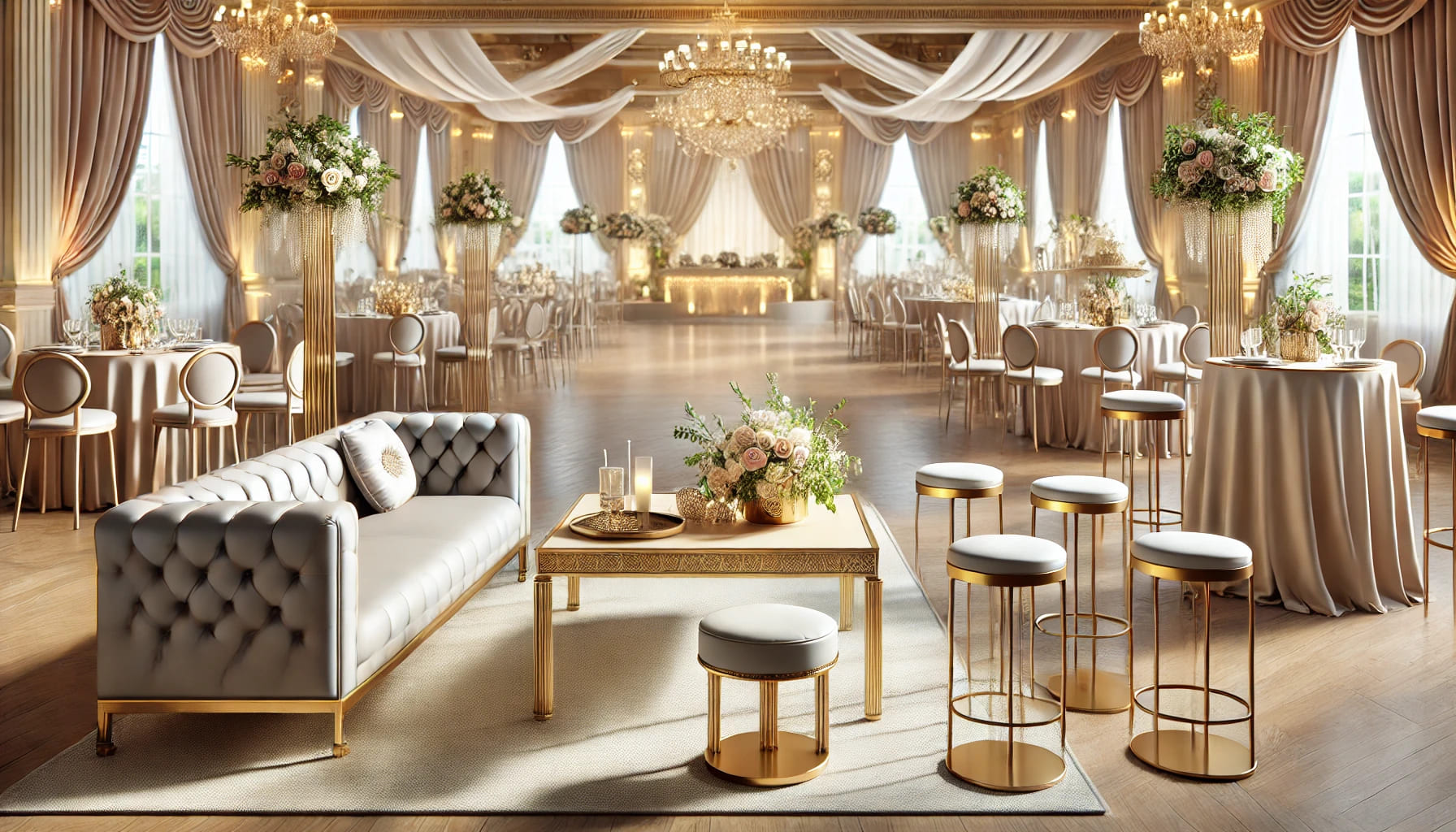 A realistic image of a wedding venue with various event furniture pieces, including elegant lounge furniture, stylish bar stools, and decorative table