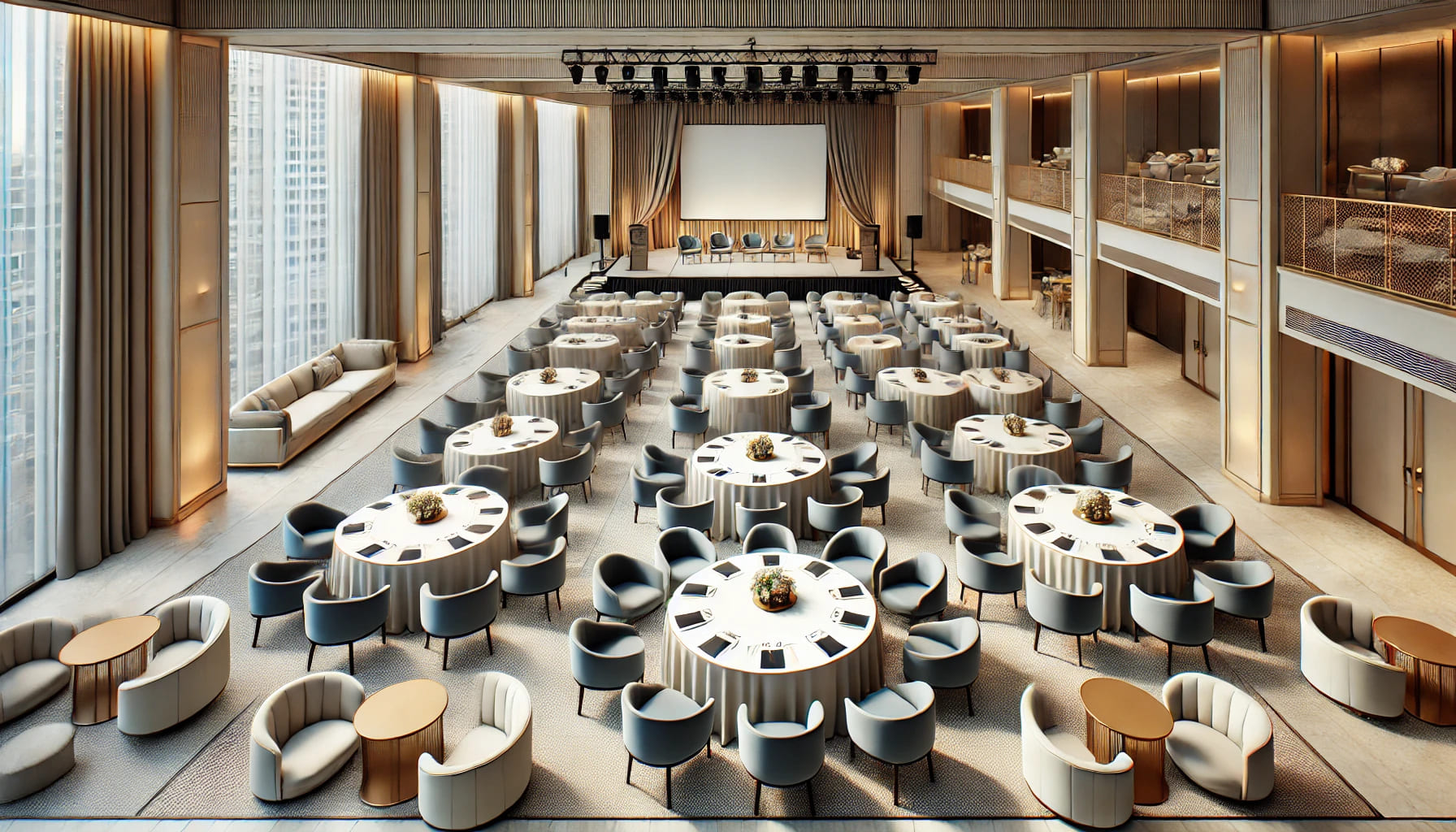 A realistic image of a well-arranged event space focusing on guest comfort, with high-backed chairs, round tables, and sofas designed for long events