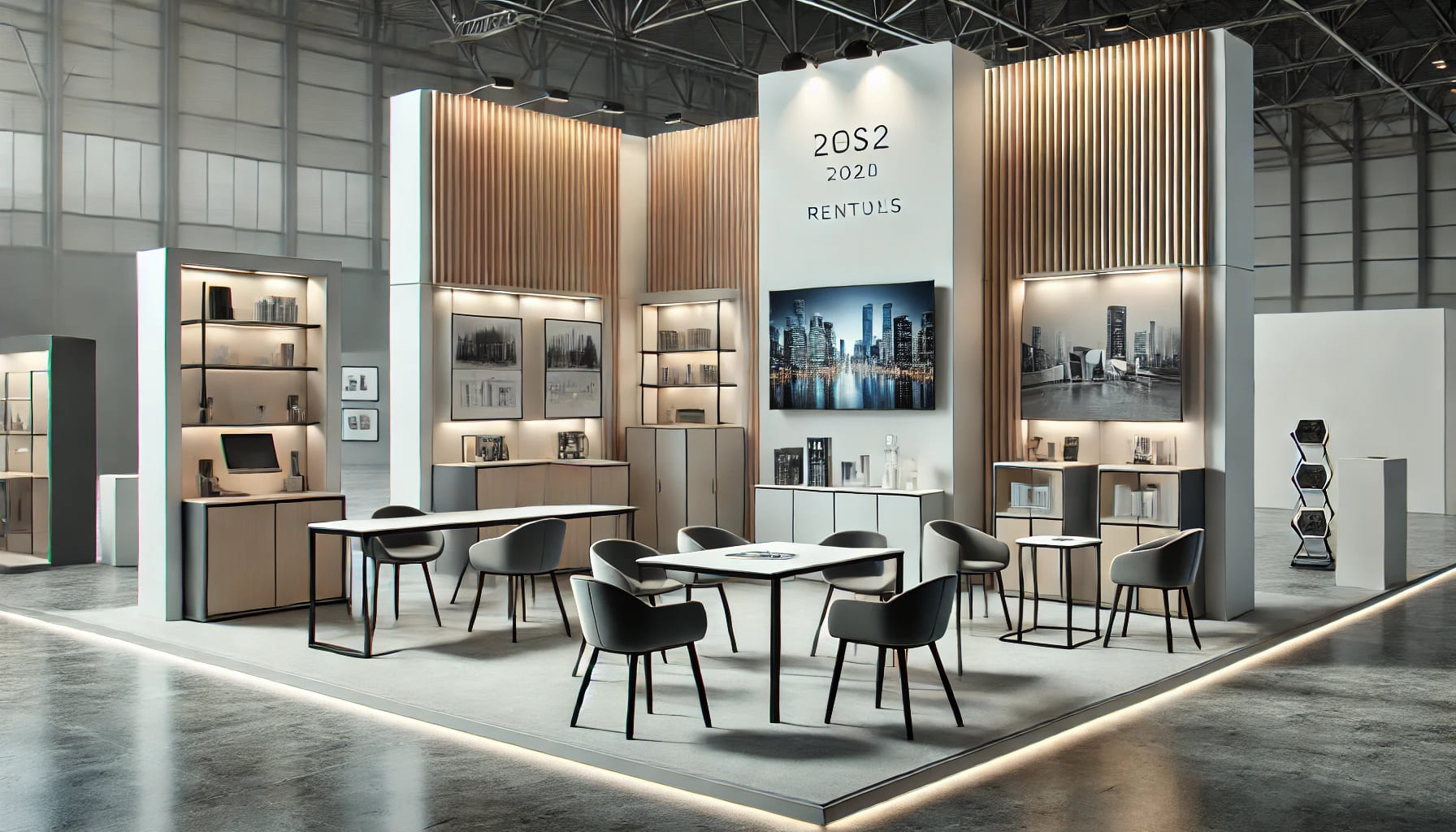 4 A realistic image showing a well-designed exhibition booth featuring standout furniture rentals. The setup includes sleek display cabinets, modern cha