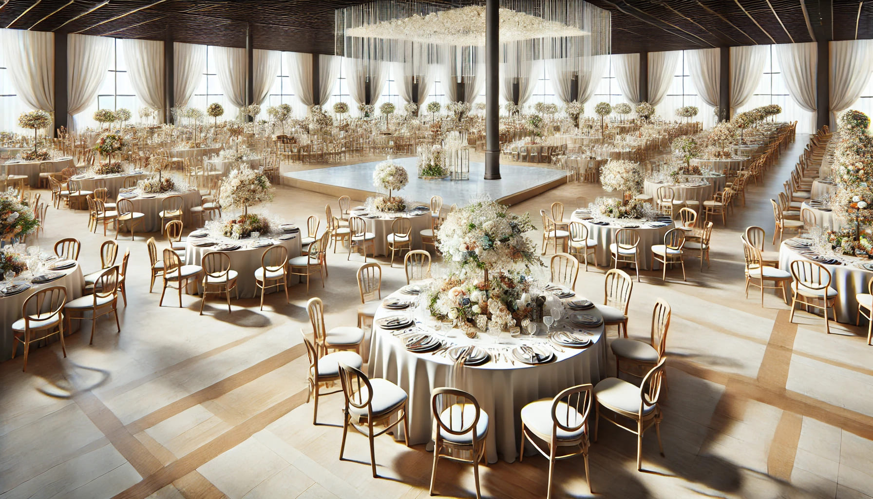 A realistic landscape image depicting a comprehensive wedding furniture setup, including a variety of tables, chairs, and decorative elements in a lar