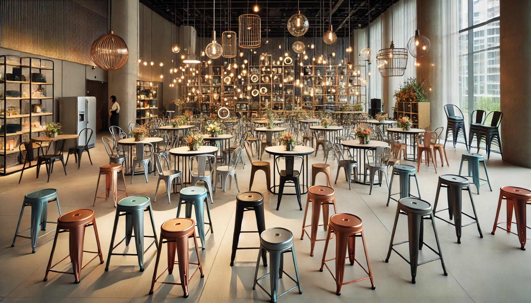 A showcase of different types of Tolix furniture including chairs, stools, and tables in a modern event setting