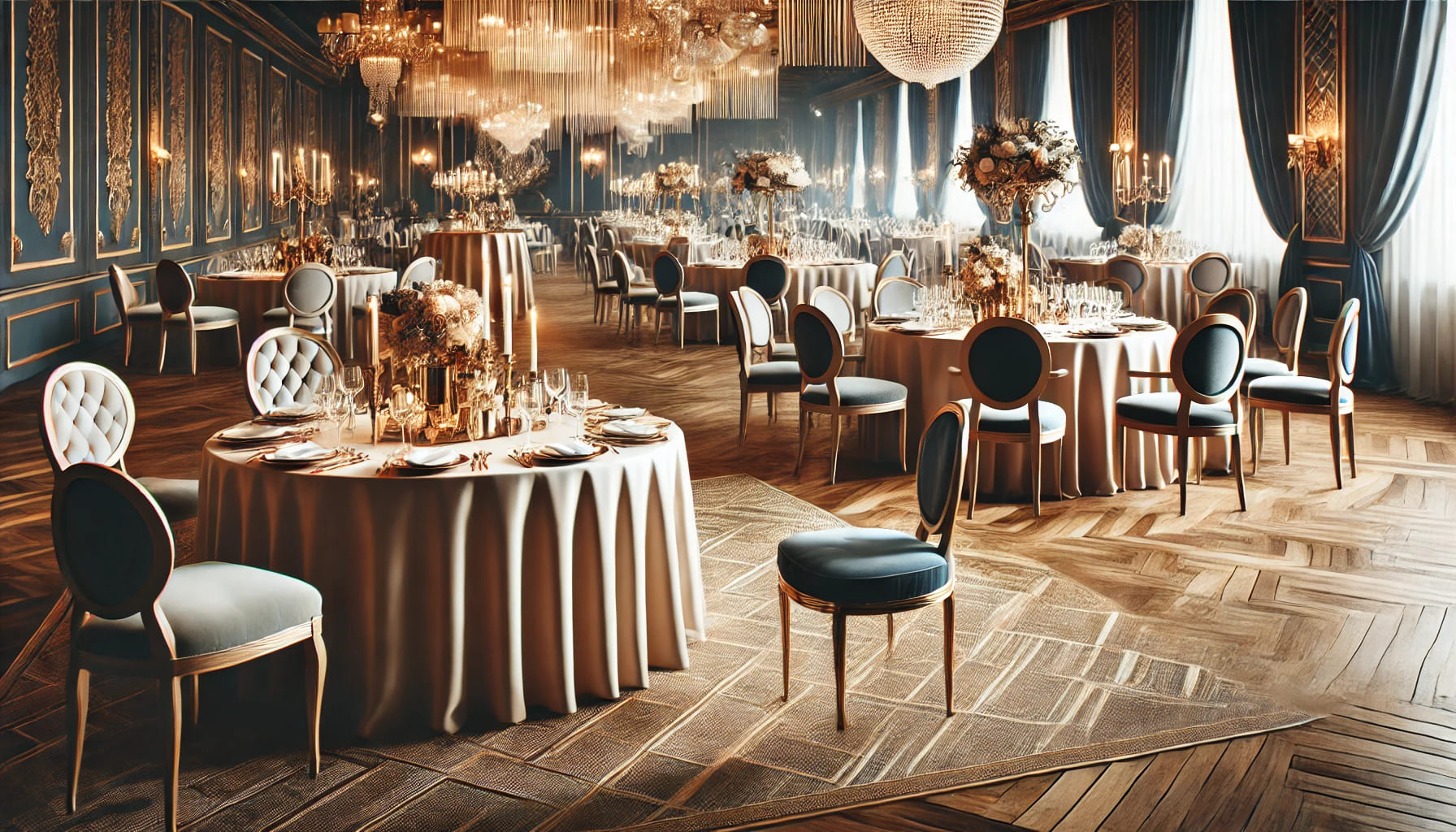 A stylish and elegant event setting showcasing a variety of sophisticated furniture options, including chic chairs and designer tables. The ambiance