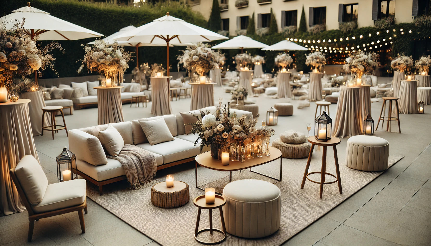 A stylish wedding cocktail hour setup featuring lounge areas with comfortable sofas, stools, and coffee tables, arranged outdoors. The area is decorat