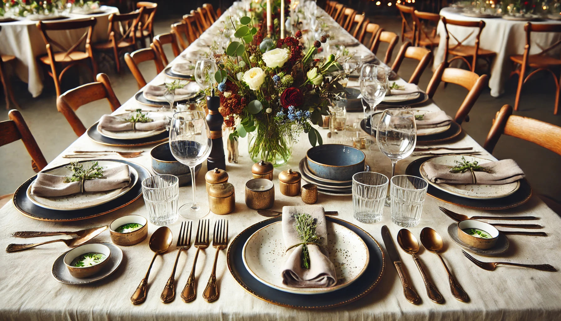 A table set with high-quality yet affordable plates and cutlery for an event in Manchester. The setting is practical yet stylish, suitable for large g