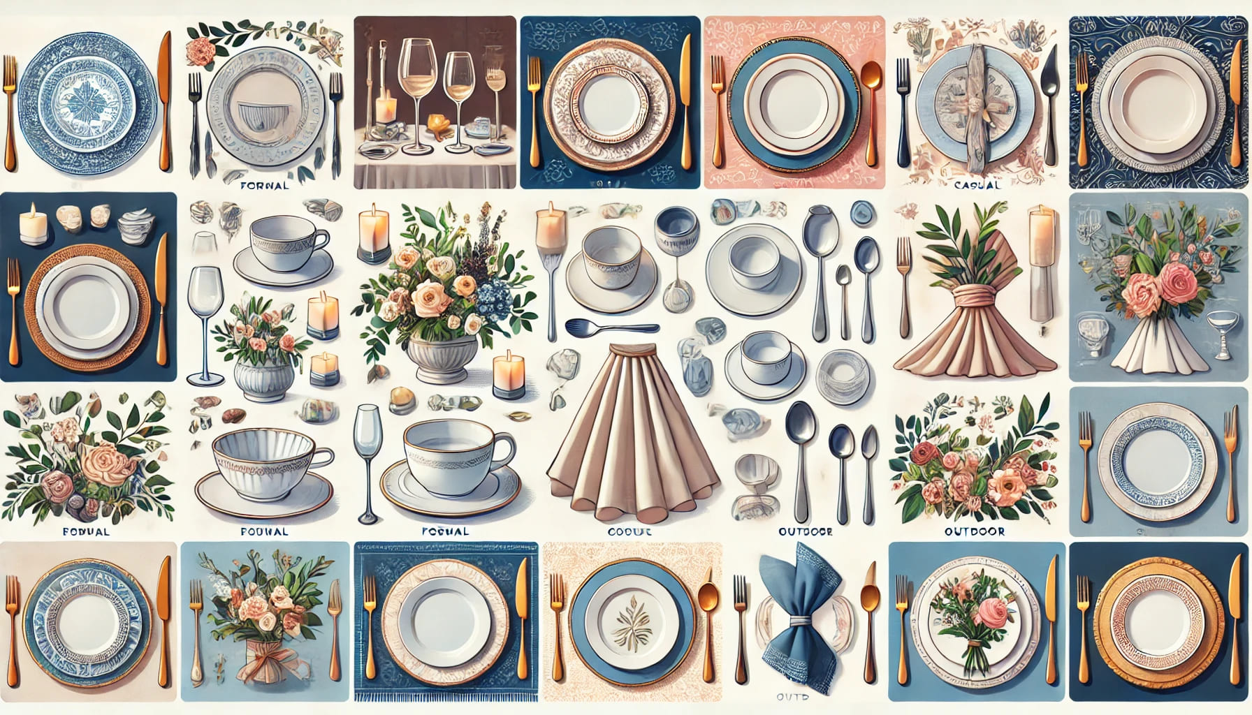 A variety of crockery items set on tables with different themes, showing how to match crockery to different event styles, including formal, casual, an