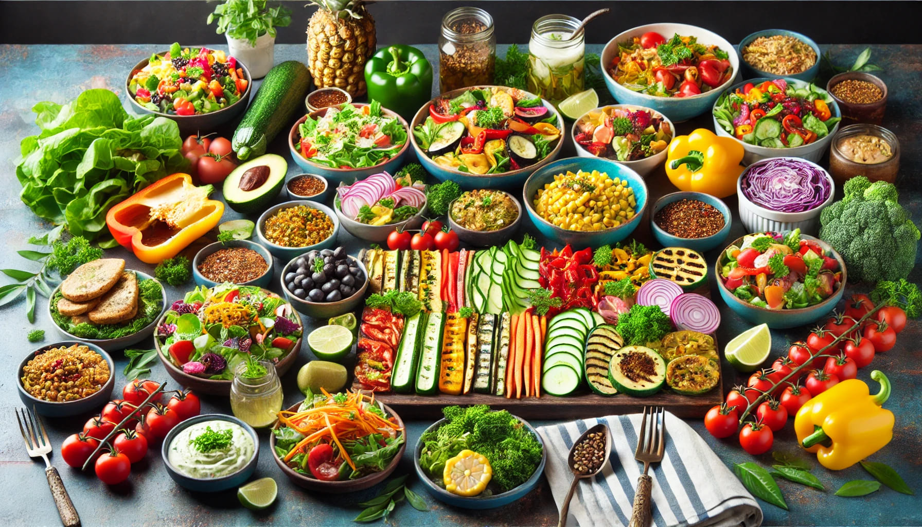 A vibrant and colourful vegan and vegetarian buffet spread, featuring a variety of fresh salads, grilled vegetables, and plant-based dishes. No text