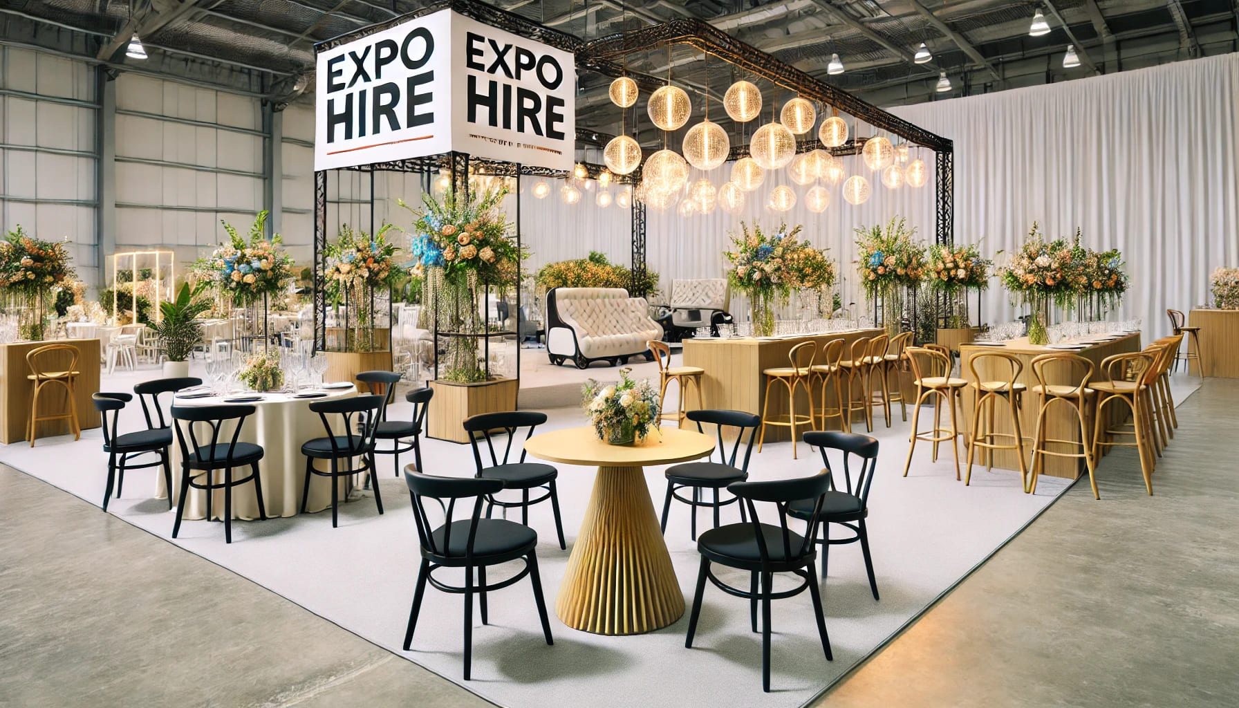 A well-organized event space displaying popular hire items from Expo Hire. The scene features a variety of rental products, including bistro tables, 