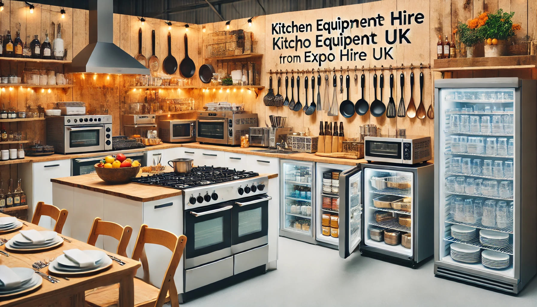 A well-organized kitchen setup for an event, showcasing hired kitchen equipment such as ovens, fridges, and cooking utensils, highlighting the ease of